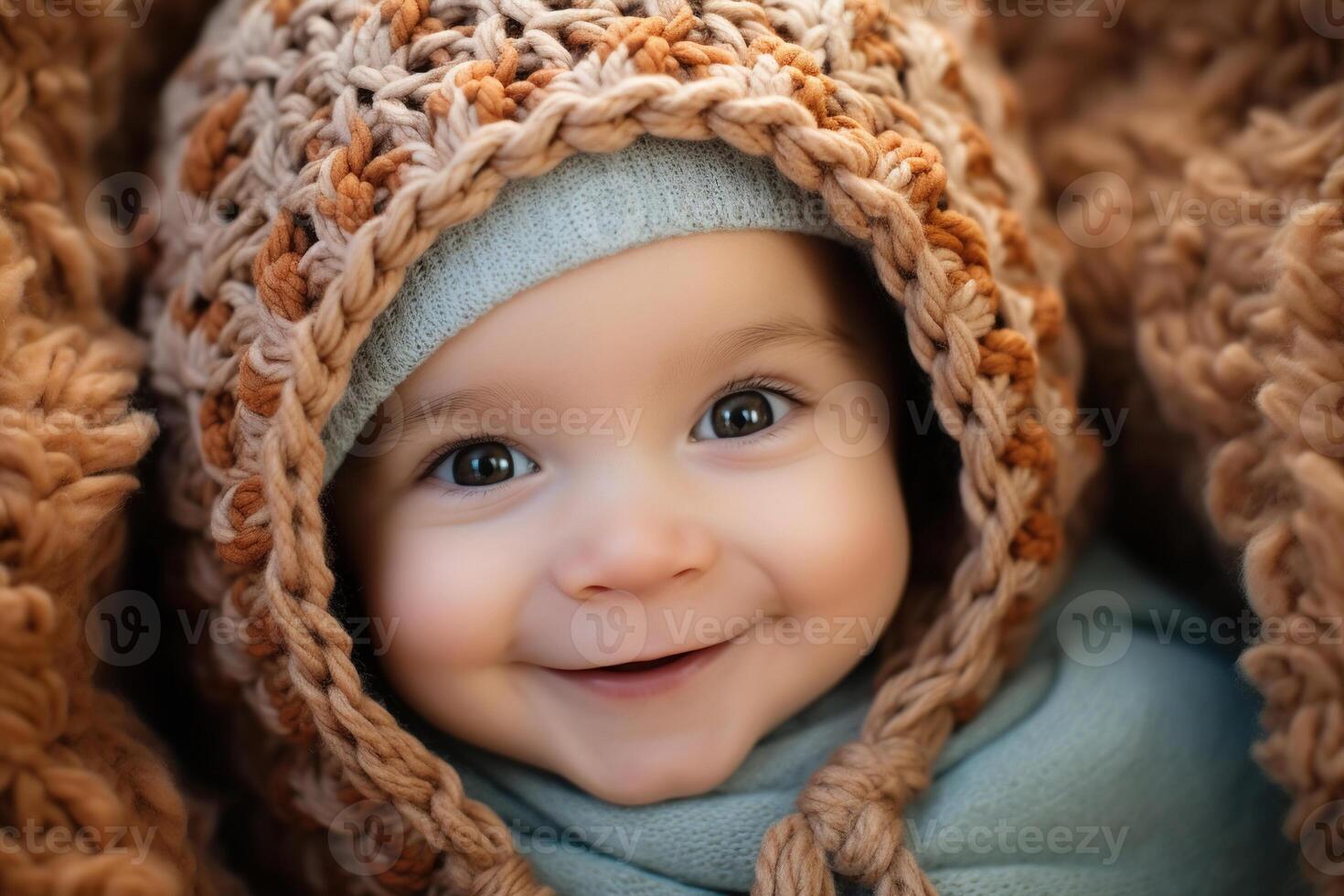 ai generato carino positivo sorridente caucasico neonato bambino indossare un' a maglia cappello e avvolto nel un' coperta guardare a telecamera, bambino ritratto foto