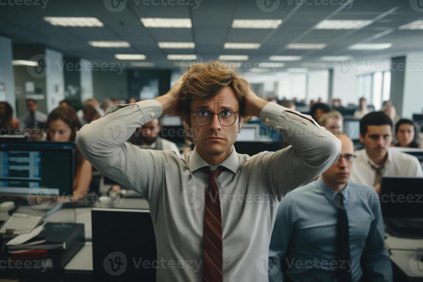 ai generato irritato disperato ufficio lavoratore a posto di lavoro, davanti Visualizza di confuso uomo nel cravatta e bicchieri Tenere testa. foto