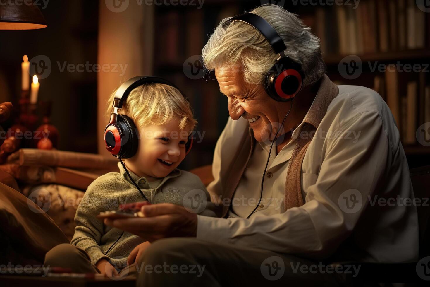 ai generato allegro nonno con nipote ascoltando per musica su smartphone, ridendo poco ragazzo e Nonno nel cuffie avendo divertimento su divano nel camera. famiglia positivo stile di vita ritratto foto