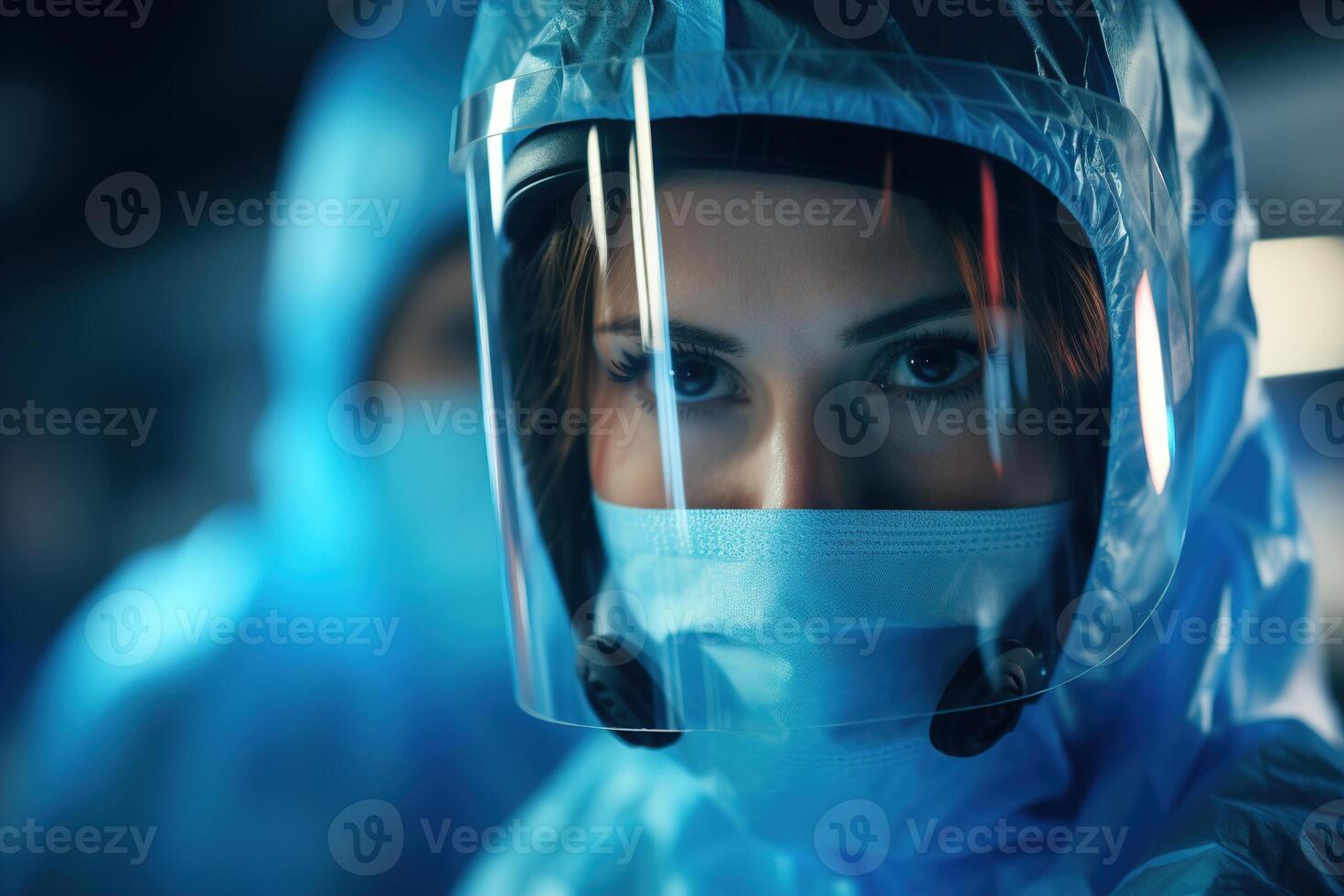 ai generato biologia scienza concetto, avvicinamento donna medico scienziato virologo nel chimico protezione uniforme e maschere nel laboratorio foto