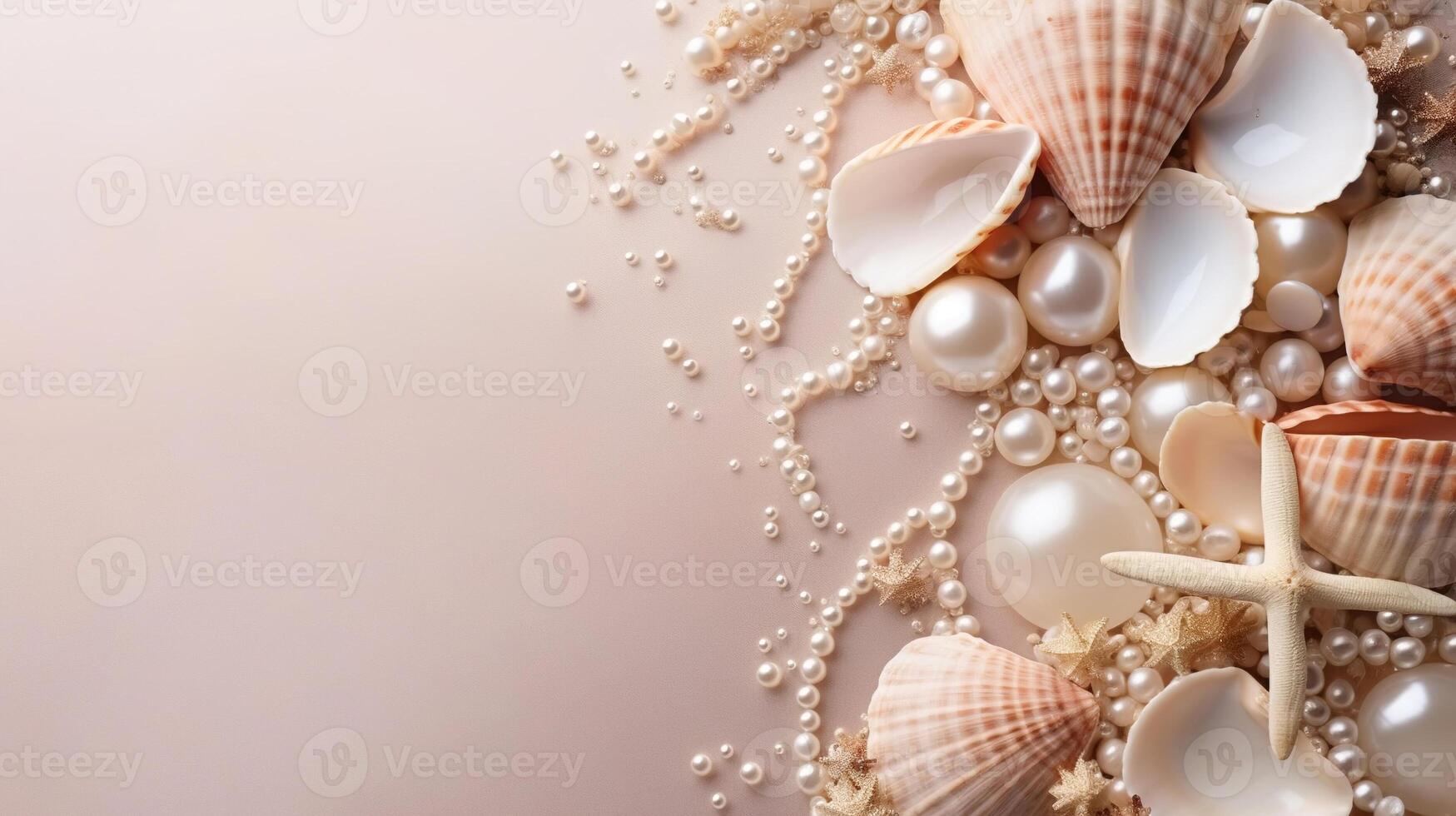 ai generato superiore Visualizza bianca perle, conchiglie e stella marina su un' pastello rosa sfondo, marino bandiera con copia spazio foto