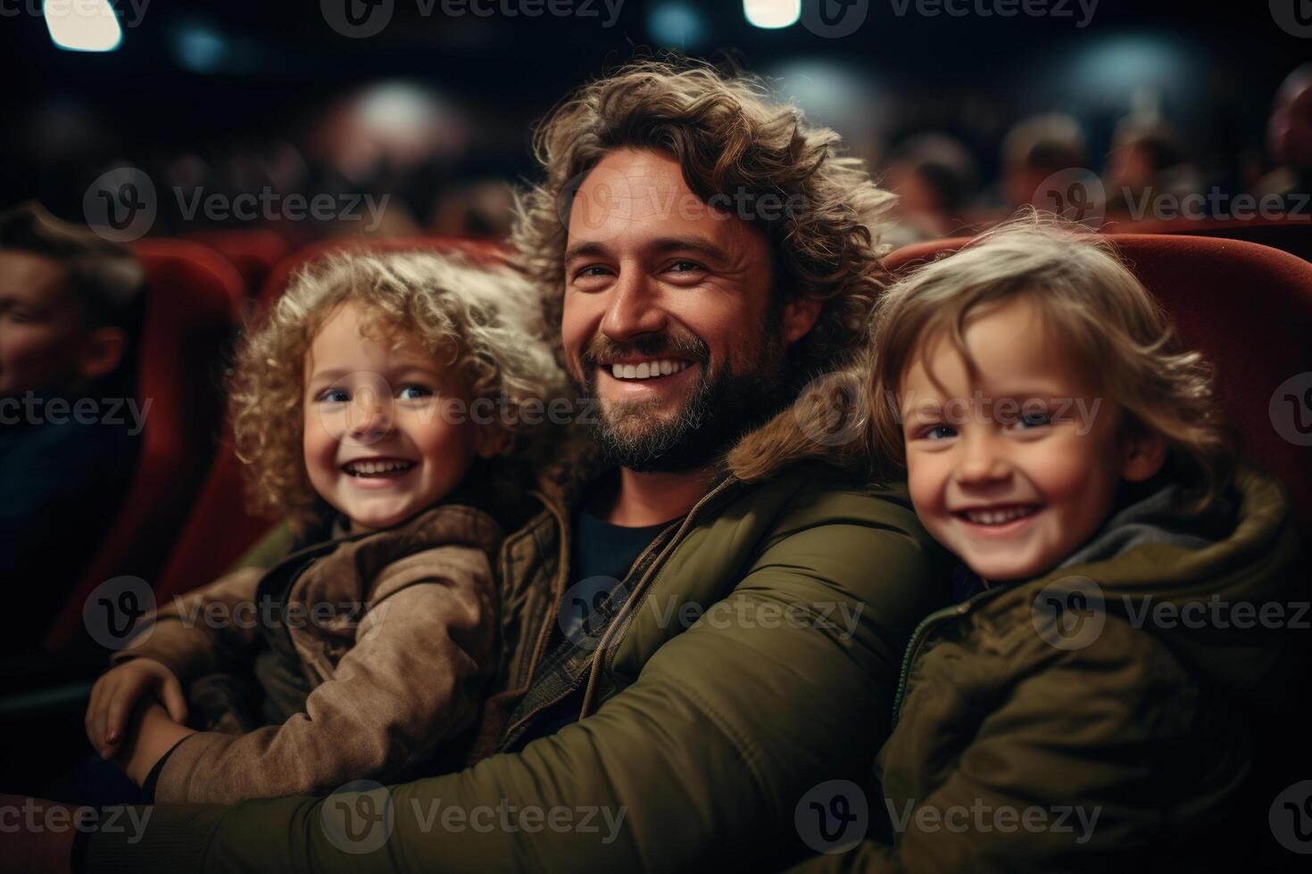 ai generato contento padre abbracciare il suo bambini nel cinema, famiglia comune divertimento vacanza foto