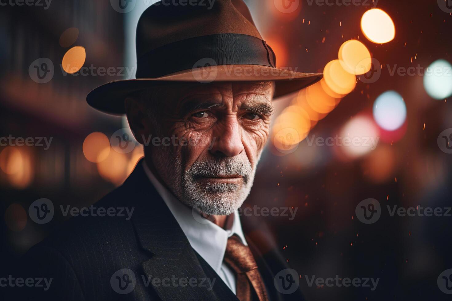 ai generato grave anziano uomo signore nel un' cappello in piedi su un' notte strada con volante scintille e guardare a telecamera foto