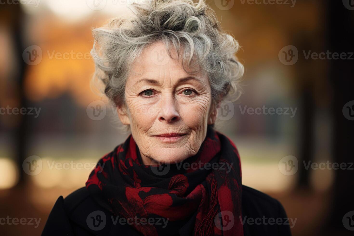 ai generato anziano rugosa elegante donna, anziano signora viso con grigio capelli corto acconciatura nel capispalla nel autunno parco foto