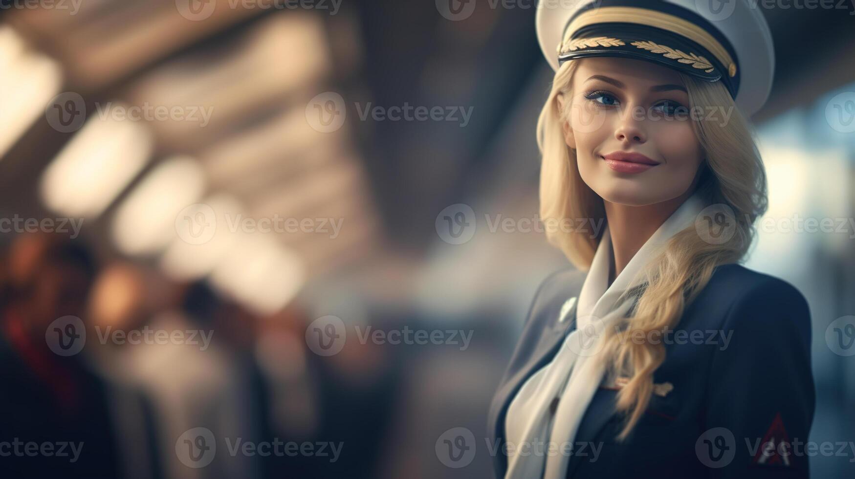 ai generato ritratto di bellissimo sorridente giovane donna aereo pilota nel uniforme con berretto guardare lontano, copia spazio foto