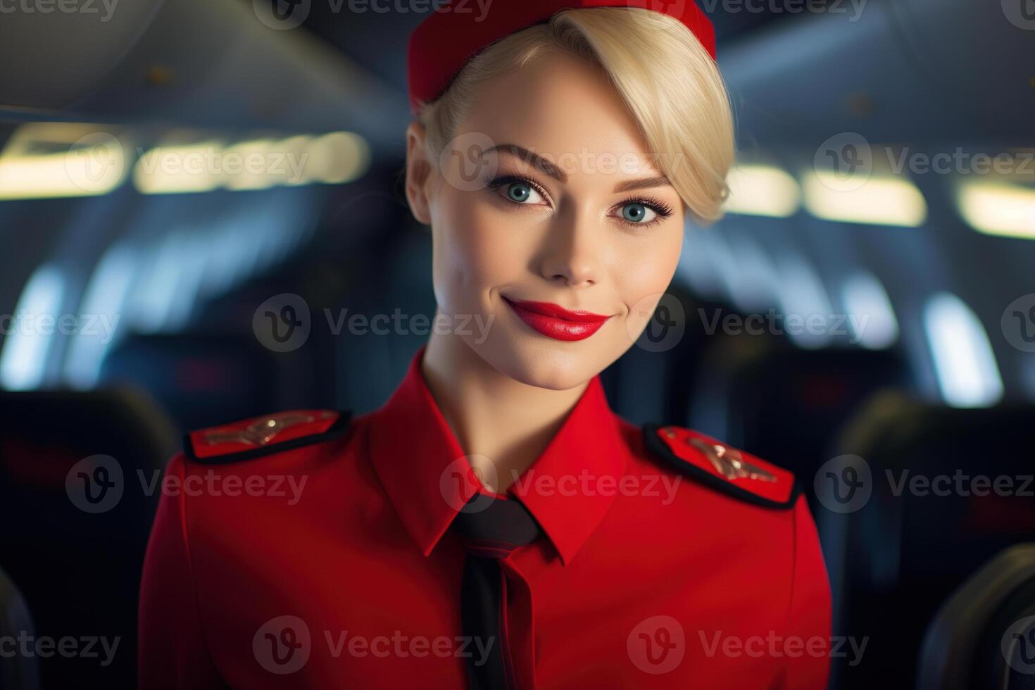 ai generato sorridente giovane donna professionale volo assistente o volo assistente nel un' rosso uniforme su tavola un aereo. aria servizio, viaggio e turismo concetto foto