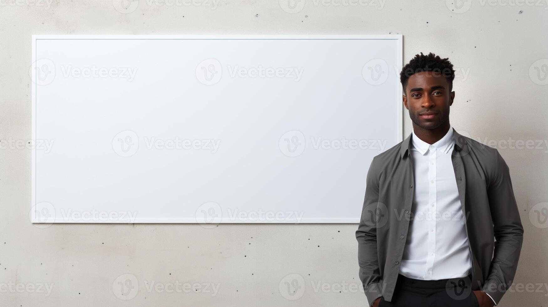 ai generato giovane afro americano maschio insegnante nel un' aula in piedi di un' bianca vuoto tavola e guardare a telecamera, copia spazio foto