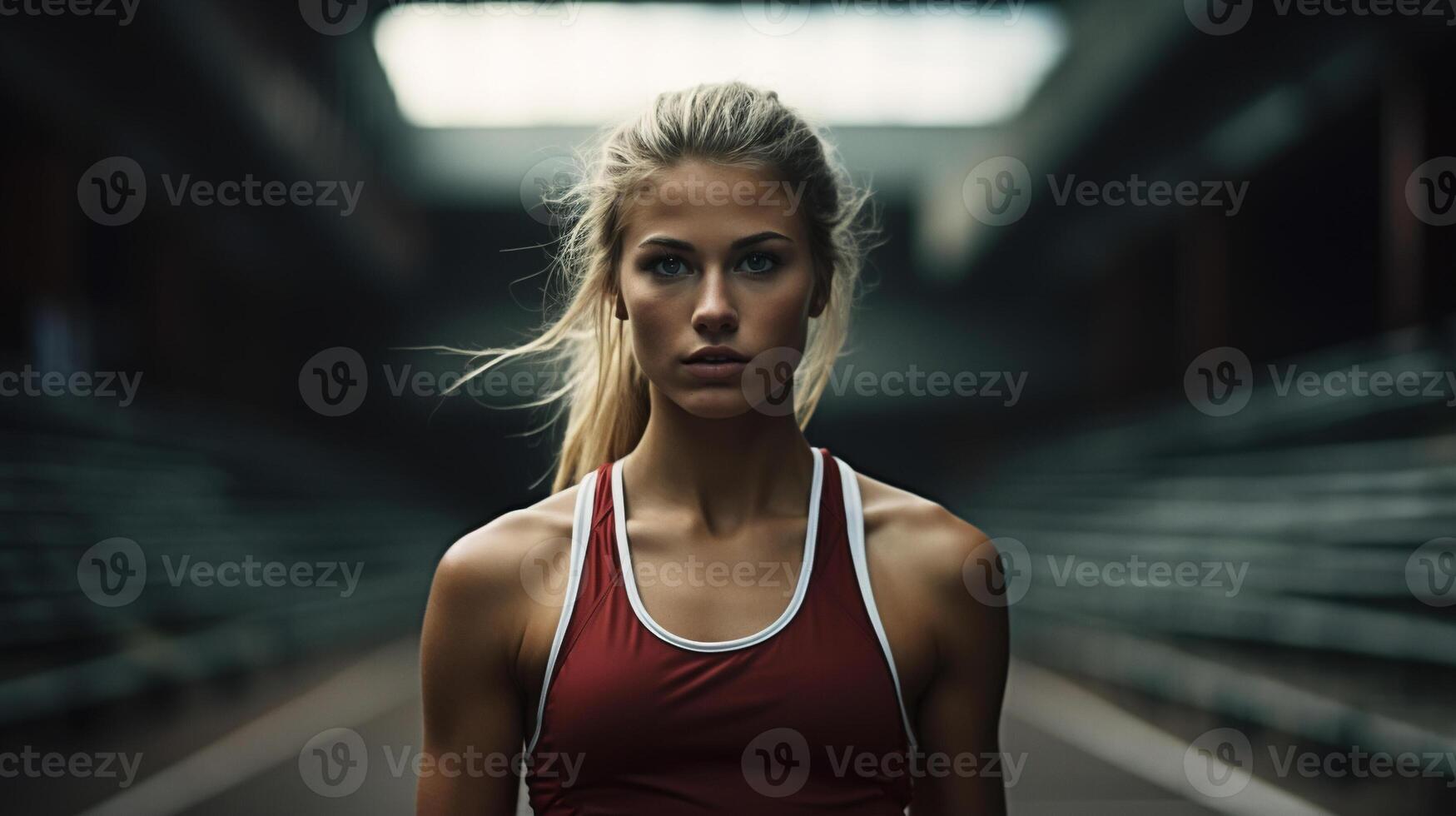 ai generato ritratto davanti Visualizza di fitness donna sotto ponte all'aperto foto