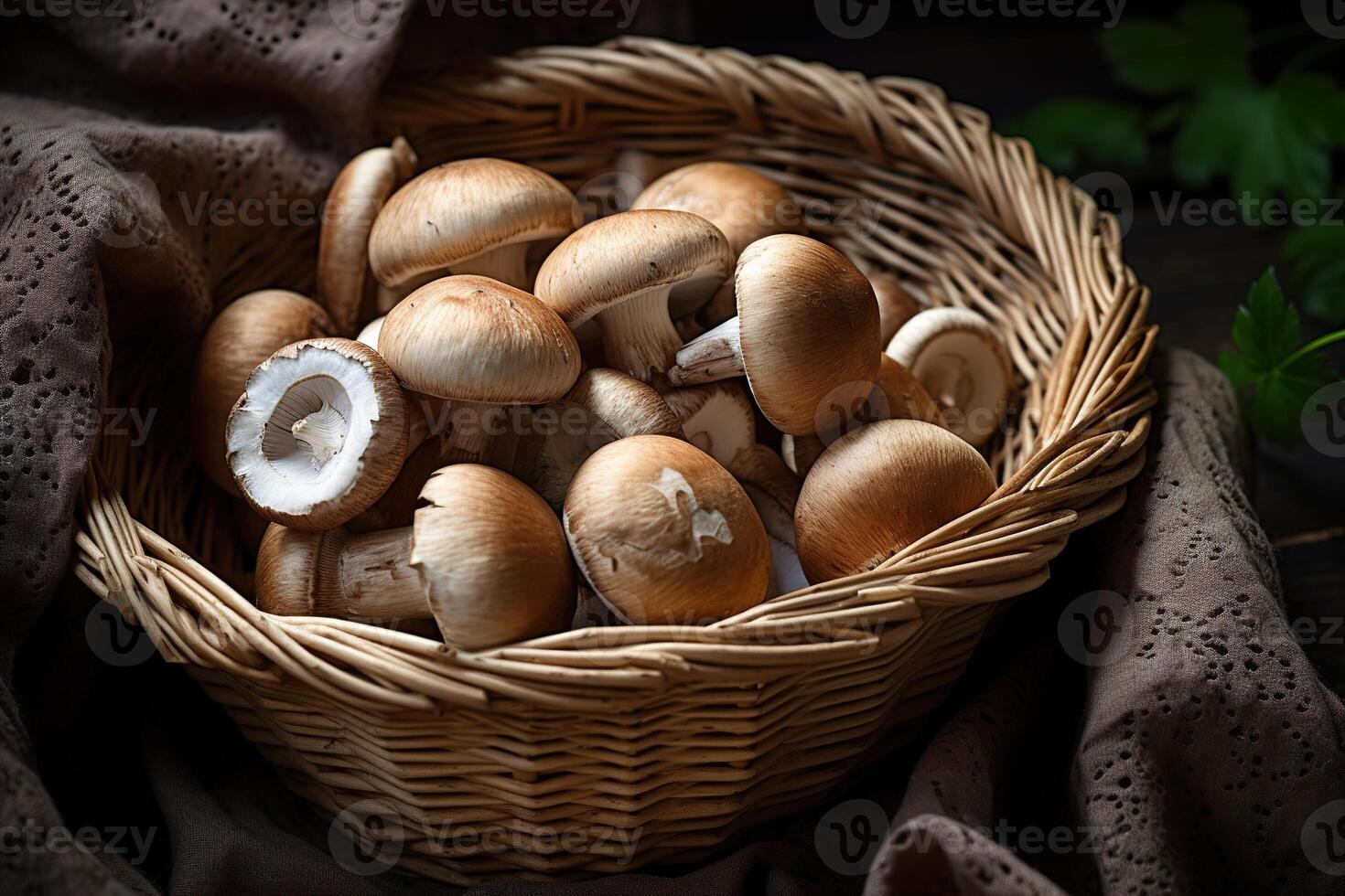 ai generato commestibile porcini funghi nel un' di vimini cestino su tessuto, superiore Visualizza cibo ancora vita foto