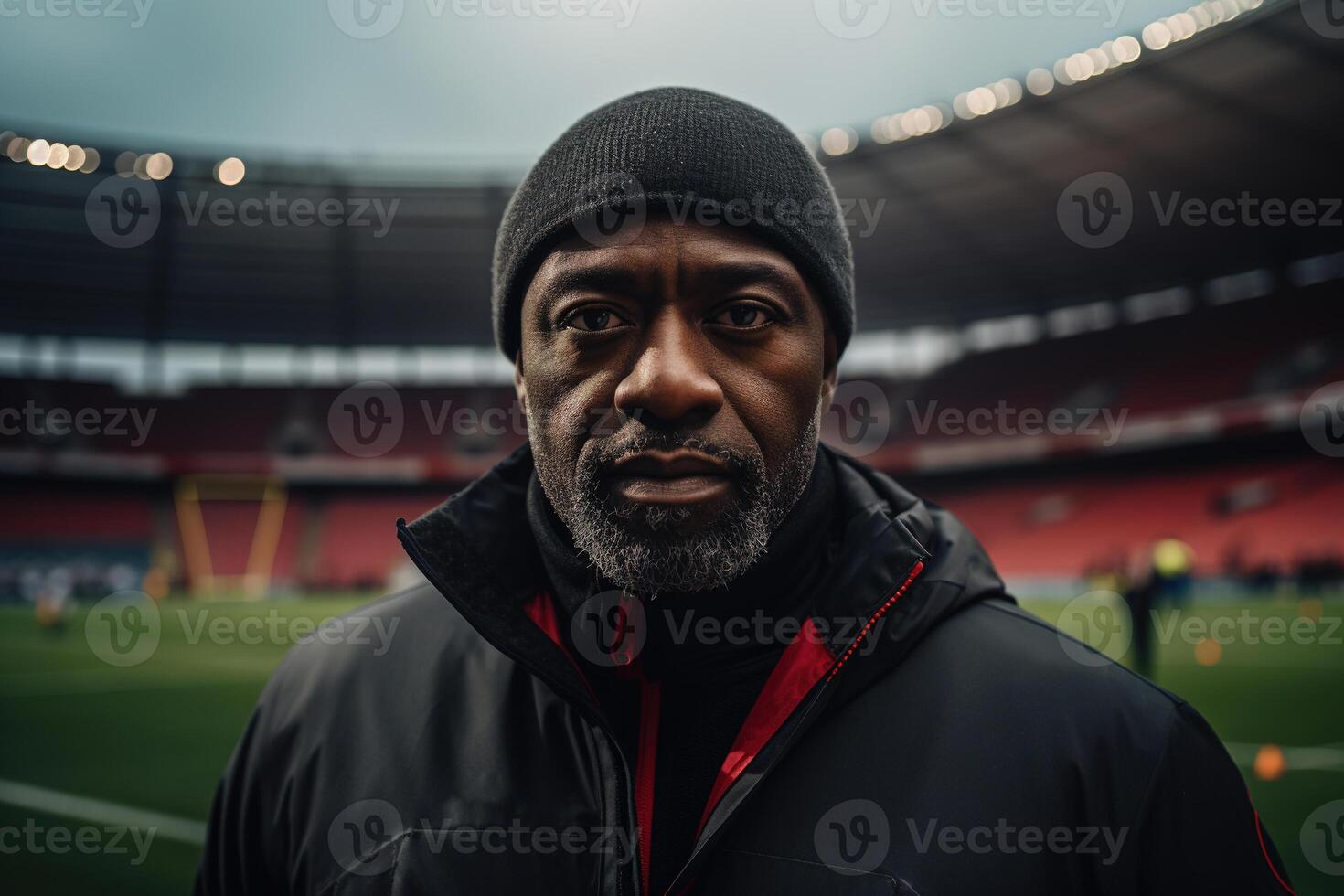 ai generato ritratto di un adulto africano americano maschio calcio allenatore nel un' giacca e cappello, un' gli sport istruttore formazione un' squadra a il stadio e guardare a telecamera foto