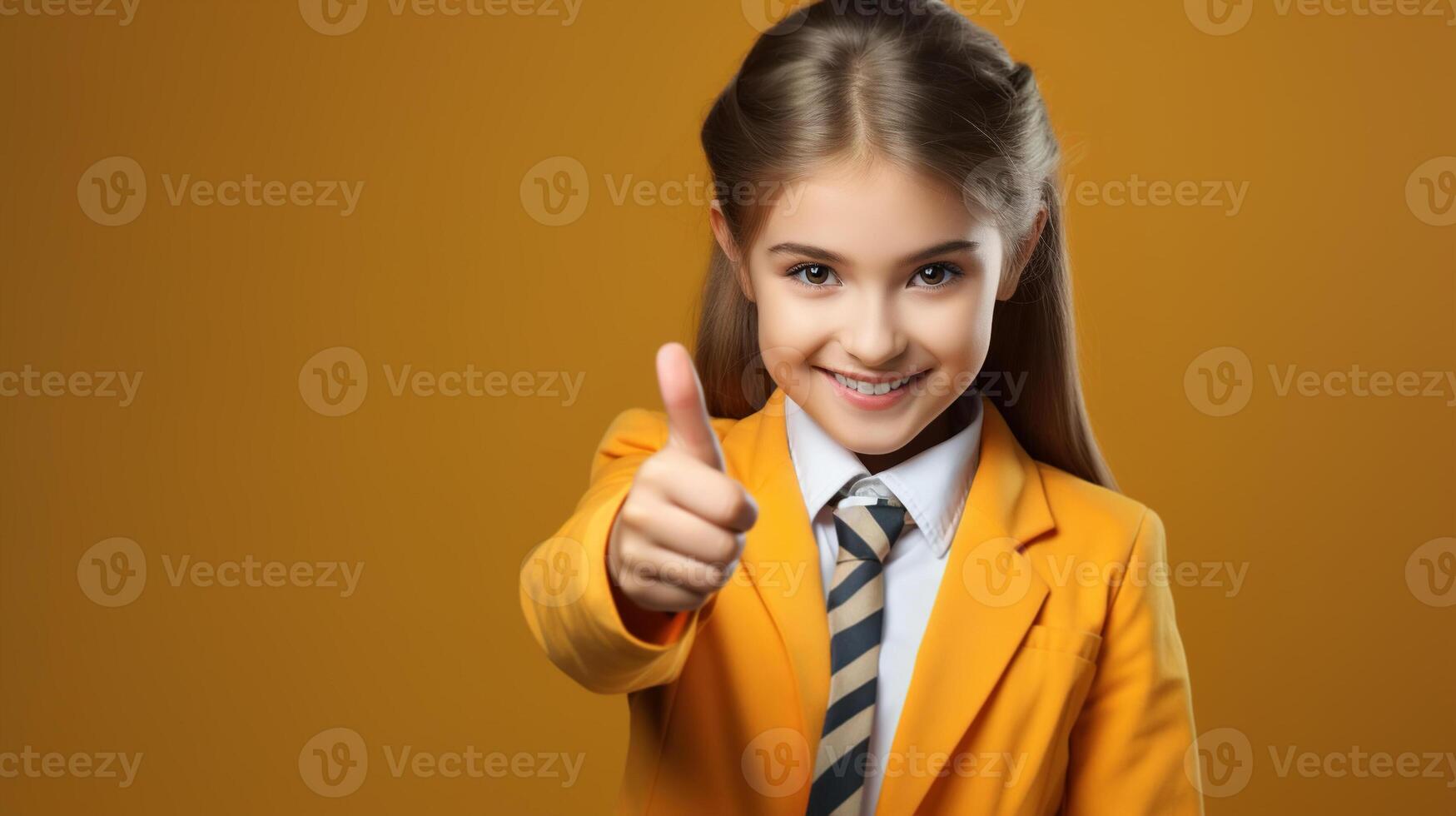 ai generato positivo caucasico ragazza nel giallo giacca con cravatta mostrando piace o ok gesto, sorridente scolara pollici su su sfondo con copia spazio foto