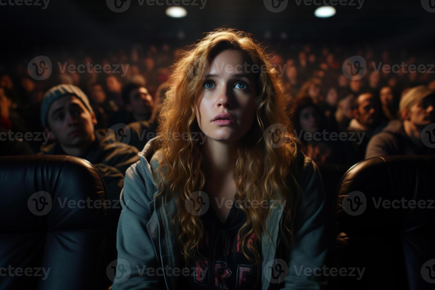 ai generato irritato triste adolescenziale donna nel un' cinema Guardando un' melodramma film, cinema divertimento foto