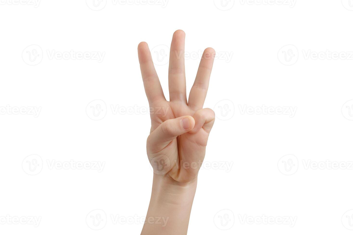 tre mezzo dita esteso. mano gesto isolato su bianca sfondo foto