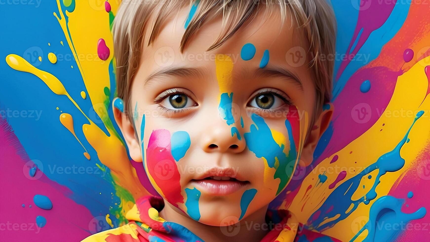 ai generato celebrazione di holi Festival giorno colorato illustrazione di un' bambino coperto nel dipingere foto