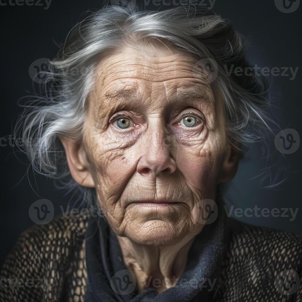 ai generato ritratto di anziano donna analizzare, cercare, guardare, isolato su buio sfondo. foto
