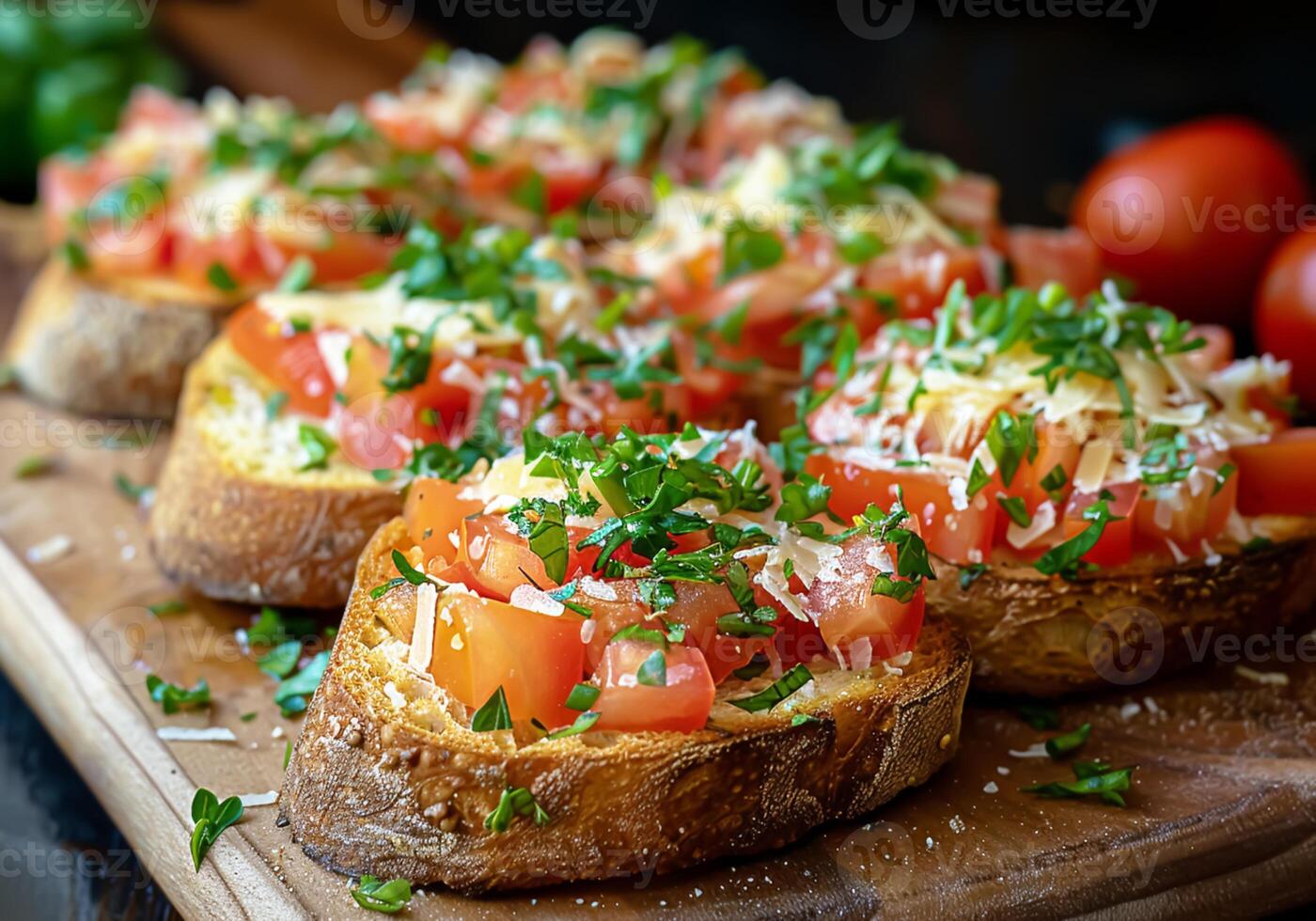 ai generato Bruschetta, tradizionale italiano piatto con fresco sapori e molto popolare nel Italia. foto