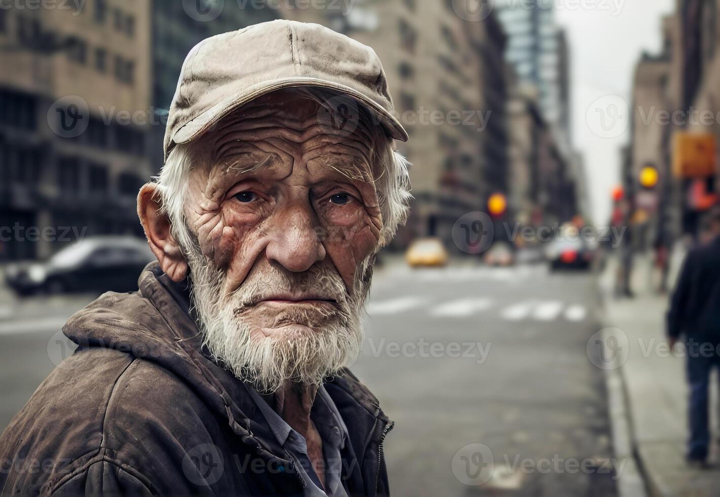 ai generato senza casa vecchio uomo su un' città strada. foto