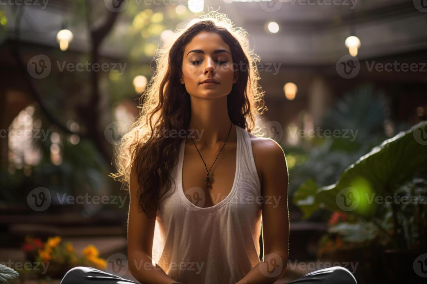 ai generato calma sentimentale giovane donna Meditare nel giardino. bellissimo brunetta praticante yoga seduta nel loto posizione con chiuso occhi foto