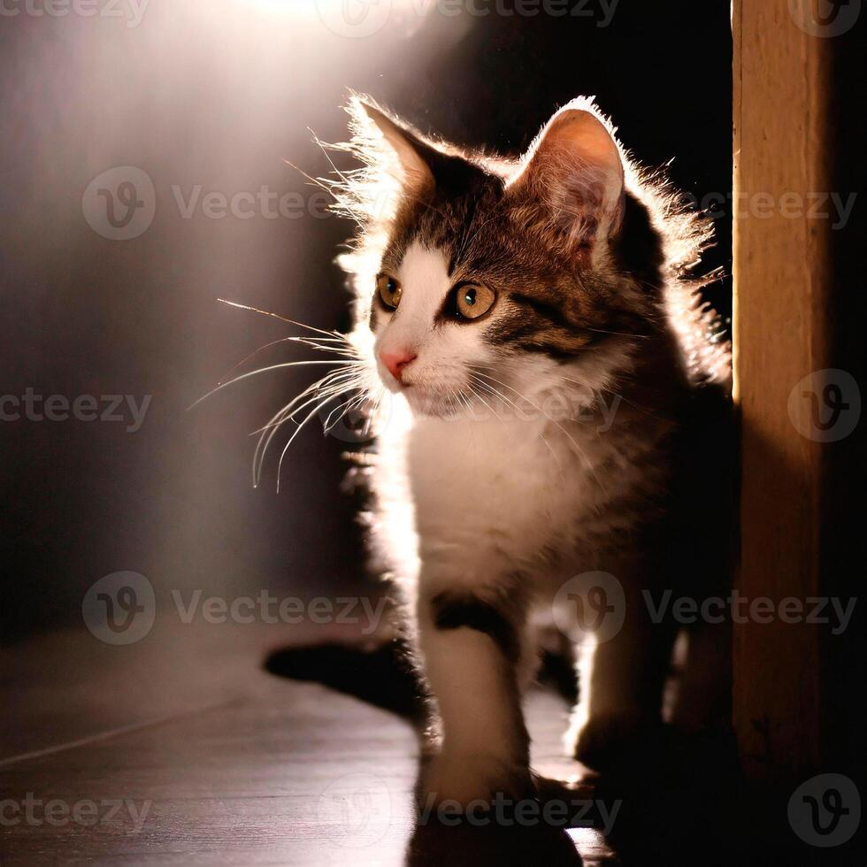 ai generato adorabile gattino osservando con luce del sole raggi illuminante esso foto