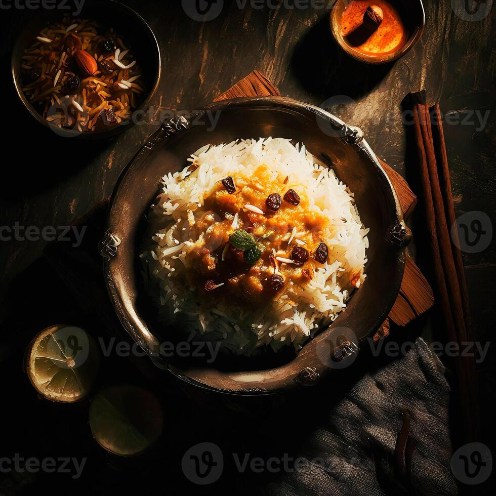 ai generato superiore Visualizza di delizioso indiano riso piatto foto