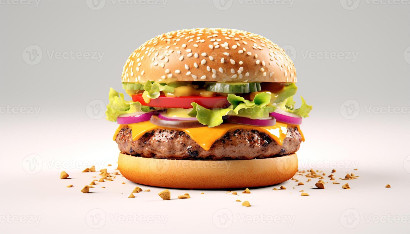 ai generato buongustaio hamburger al formaggio con grigliato manzo, pomodoro, e fuso Cheddar generato di ai foto