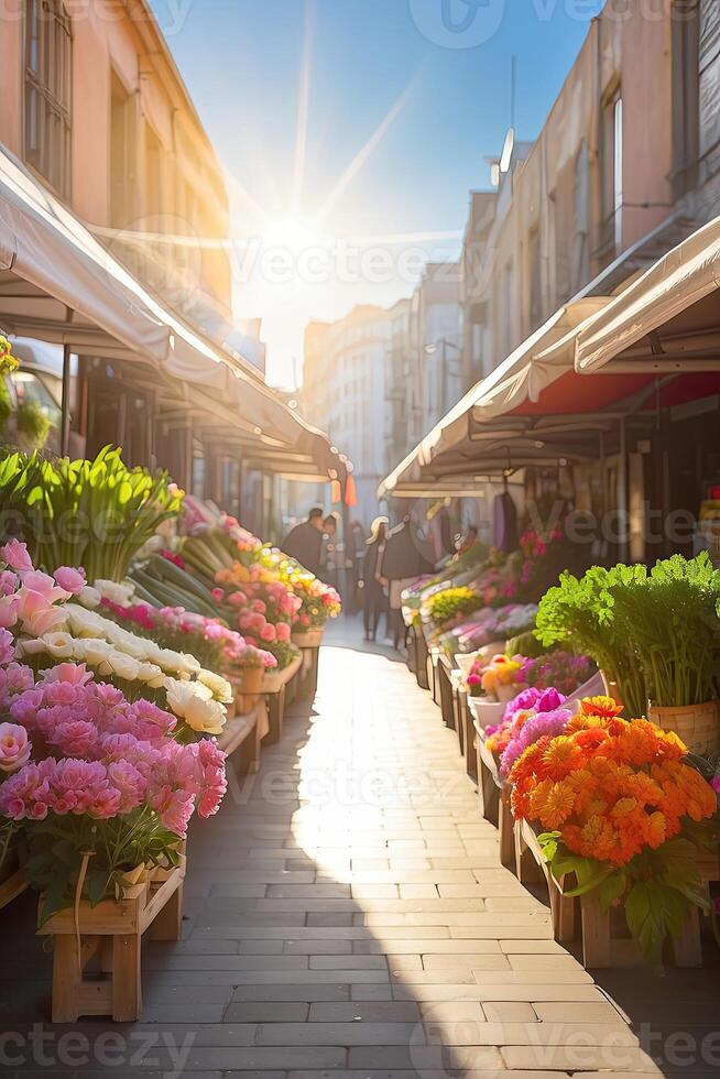 ai generato fiore mercato su il soleggiato strada di il città - vivere tagliare mazzi di fiori siamo venduto su all'aperto bancarelle. ai generato foto