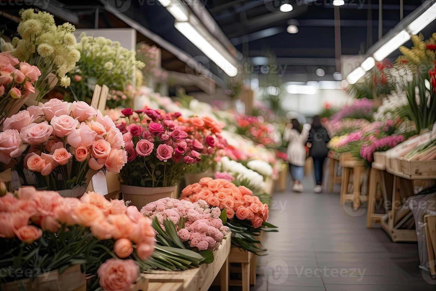 ai generato fiore mercato su il soleggiato strada di il città - vivere tagliare mazzi di fiori siamo venduto su all'aperto bancarelle. foto