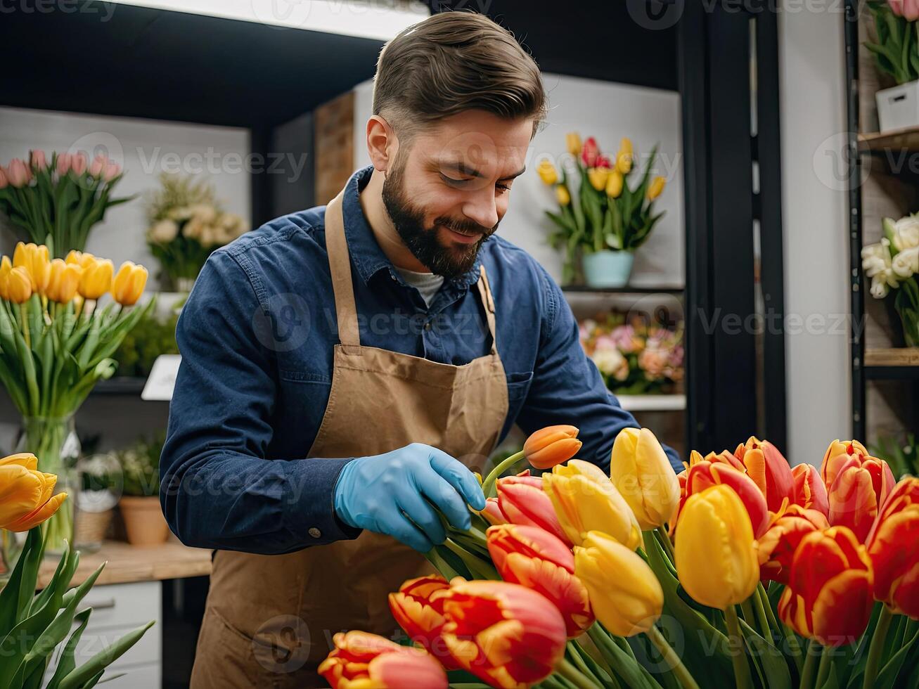 ai generato uomo fioraio raccoglie un' mazzo di tulipani - fresco tagliare fiori nel scatole e vasi nel un' magazzino e cremagliere per saldi, consegna per il vacanza. molla, marzo 8, Da donna giorno, compleanno foto