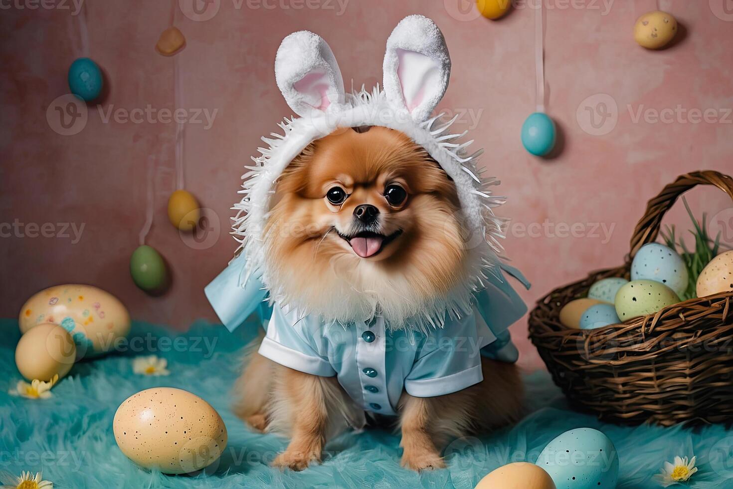 ai generato dai capelli rossi Tedesco volpino cane vestito come un Pasqua coniglietto con coniglio orecchie su un Pasqua sfondo con colorato uova e un' cestino. cane moda, animale vestiario, fantasia vestito per cani. foto