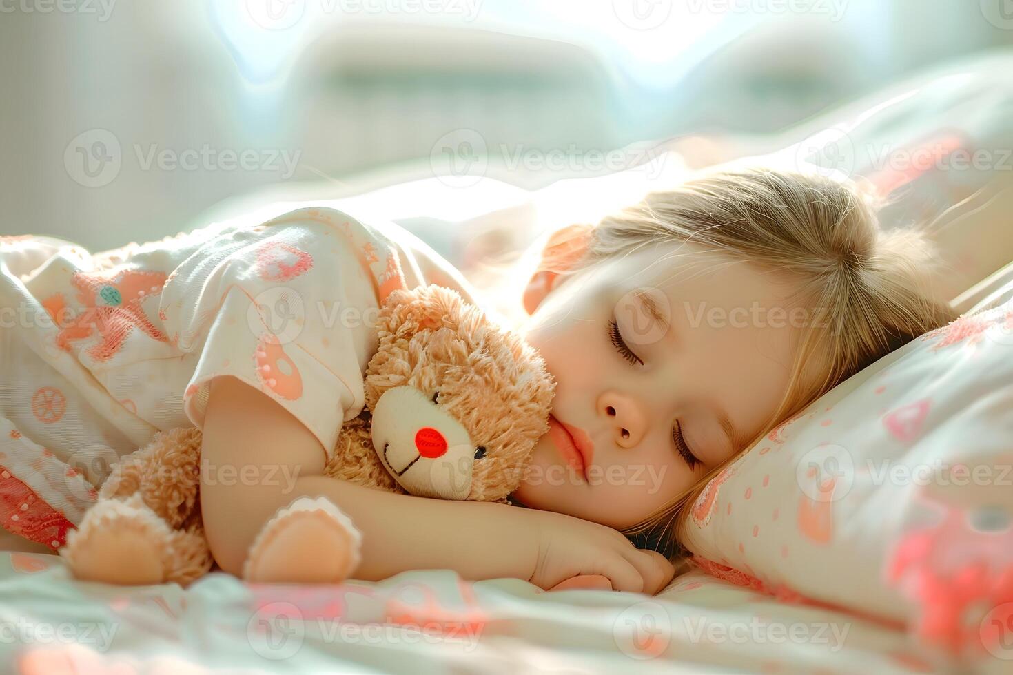 ai generato mondo dormire giorno. un' poco ragazza dorme con un' orsacchiotto orso foto