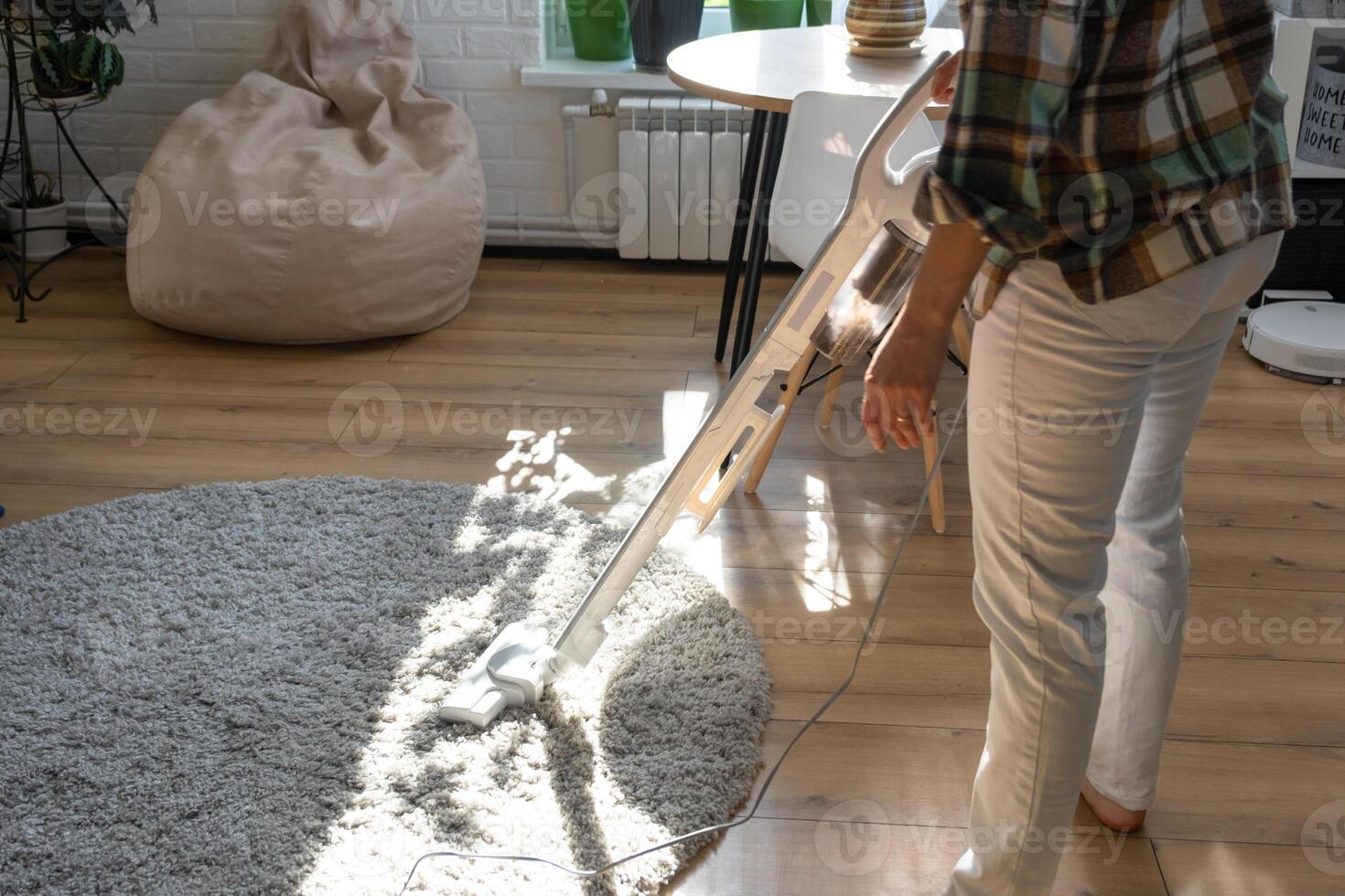un' donna aspirapolvere un' il giro tappeto nel un' Casa tra Casa impianti con un' mano vuoto più pulito. generale pulizia di il Casa, pulizia servizio e casalinga foto