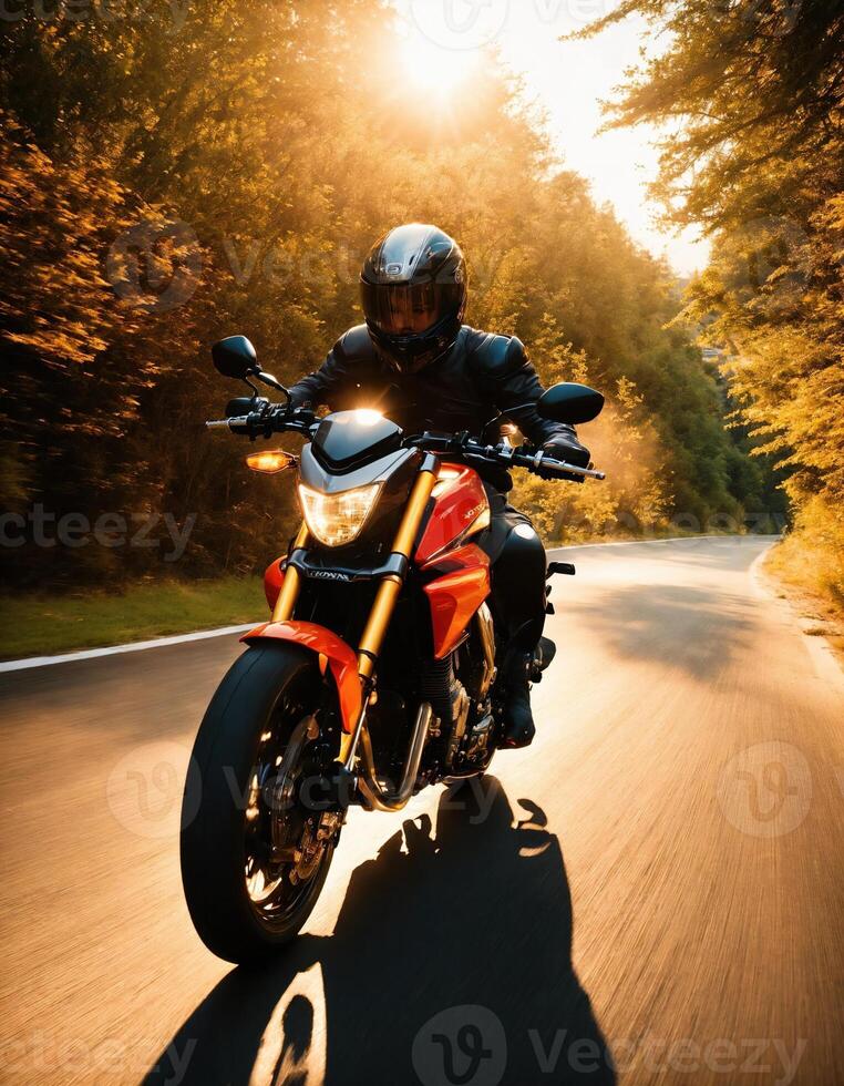 ai generato motociclista equitazione un' motociclo su un' nazione strada a tramonto. ai generativo foto