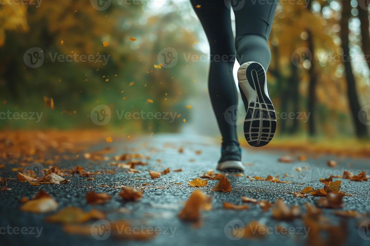 ai generato avvicinamento di del corridore piedi su un autunno sentiero foto