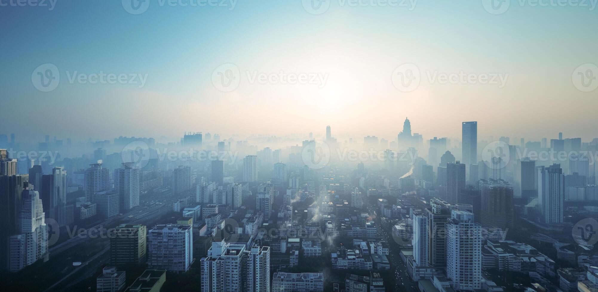 ai generato nebbioso Alba al di sopra di il urbano orizzonte foto