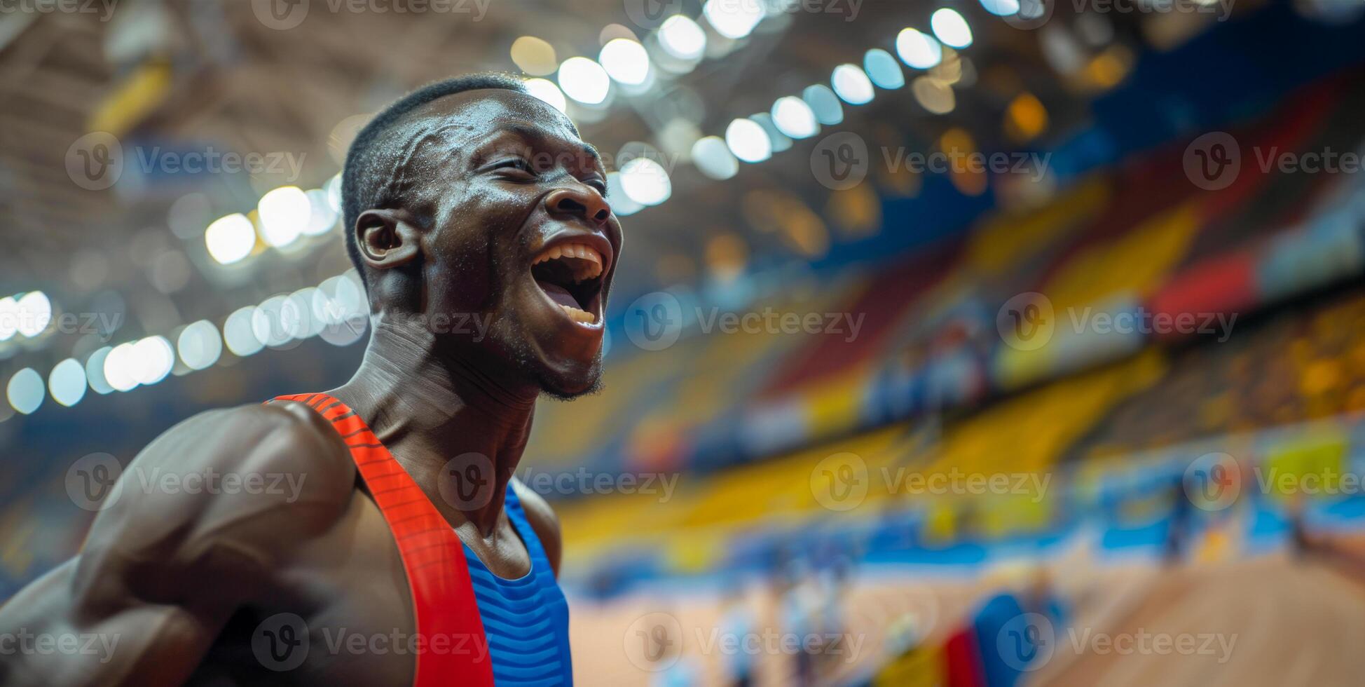 ai generato giovane atleta festeggiare vittoria a un' gli sport evento foto