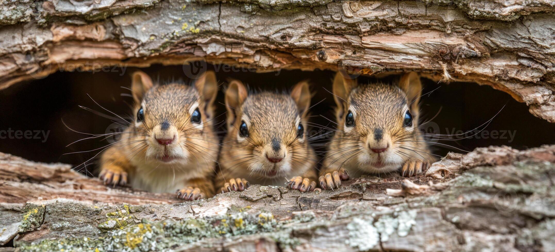 ai generato orientale scoiattoli sbirciando a partire dal albero cavo nel foresta foto