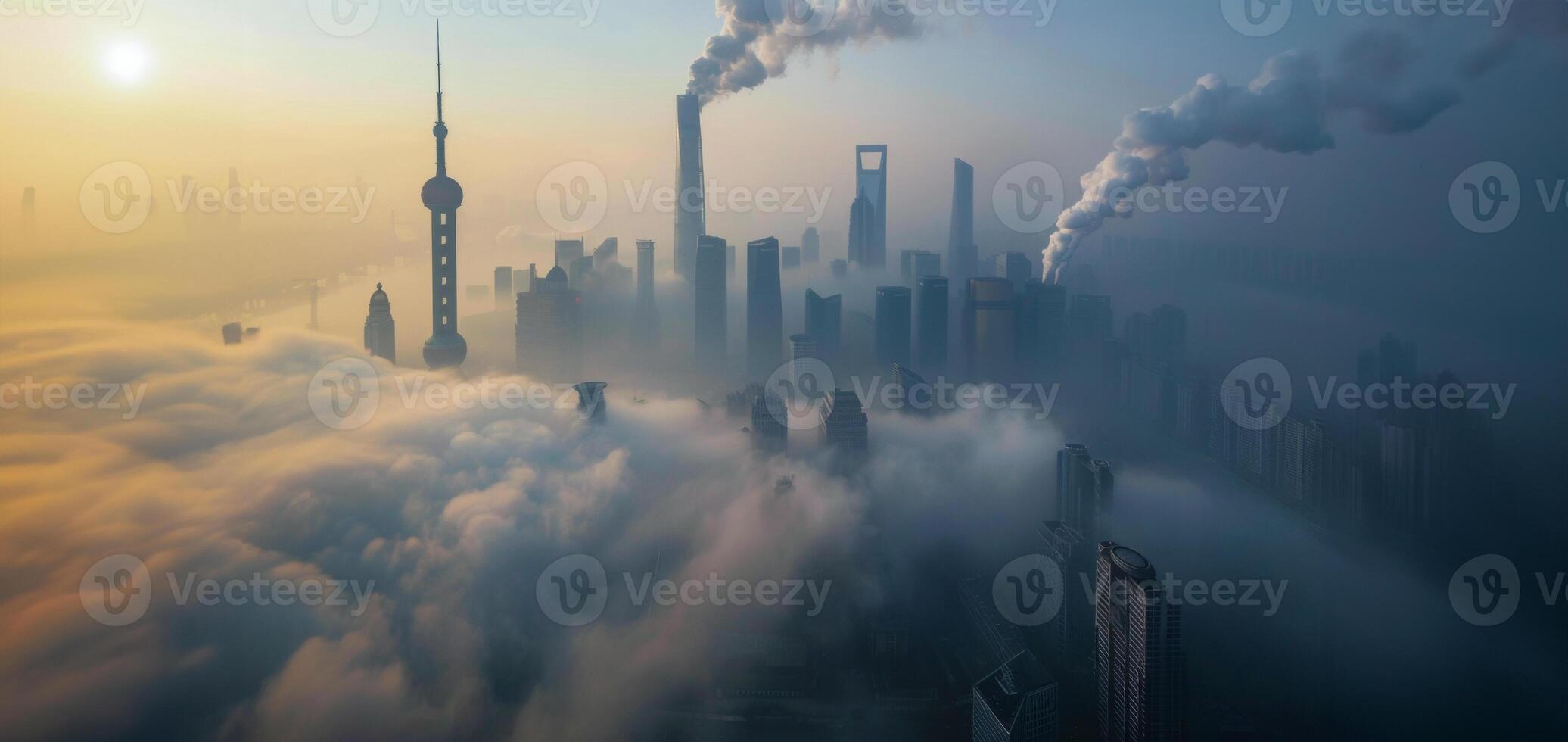 ai generato nebbioso Alba al di sopra di il urbano orizzonte foto