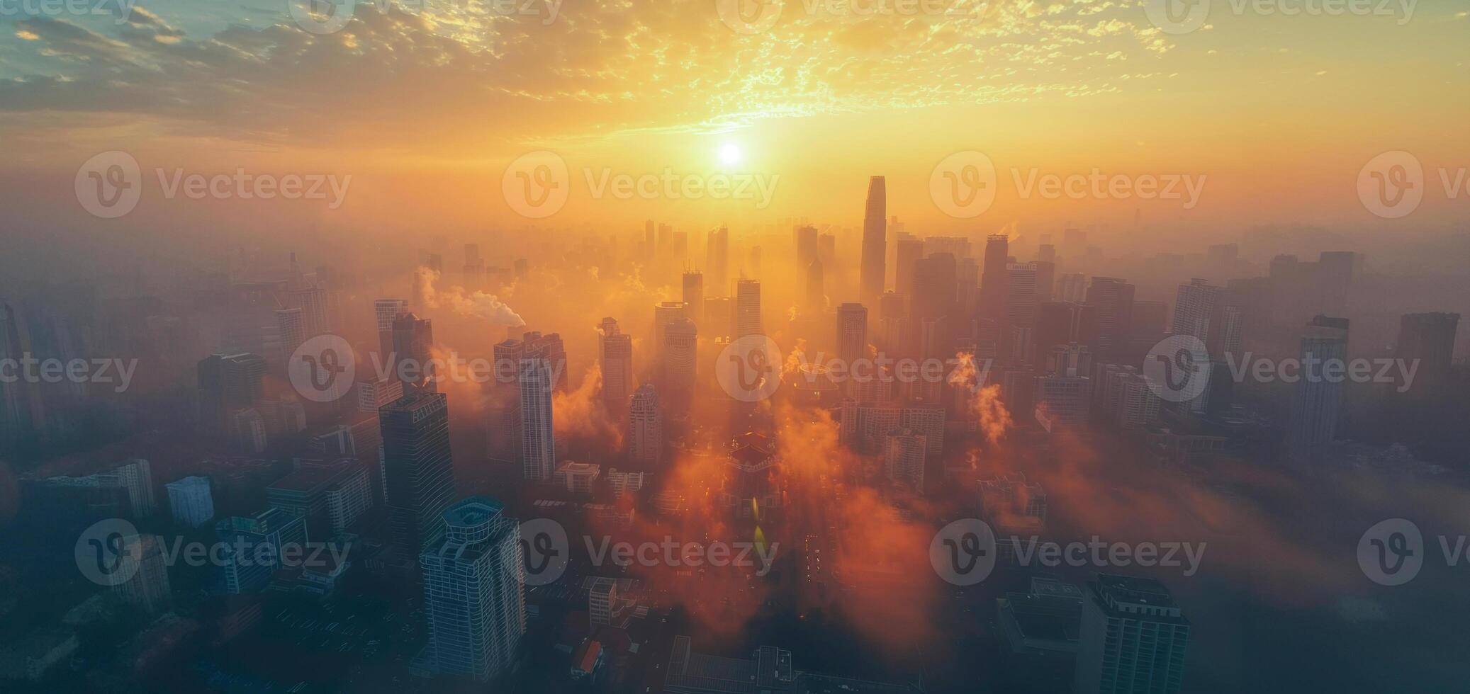 ai generato nebbioso Alba al di sopra di il urbano orizzonte foto