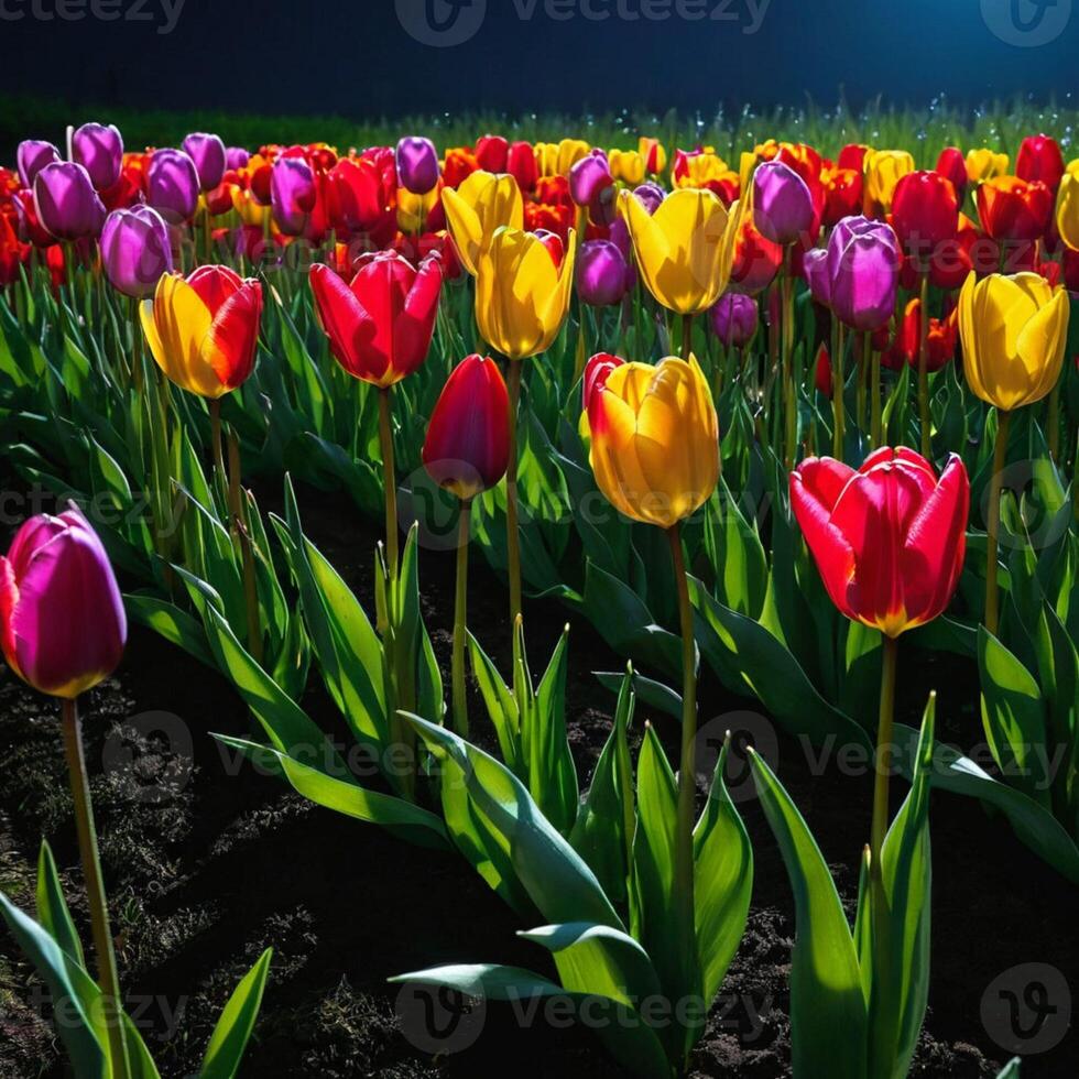 ai generato incredibilmente bellissimo multicolore tulipani nel il notte prato foto