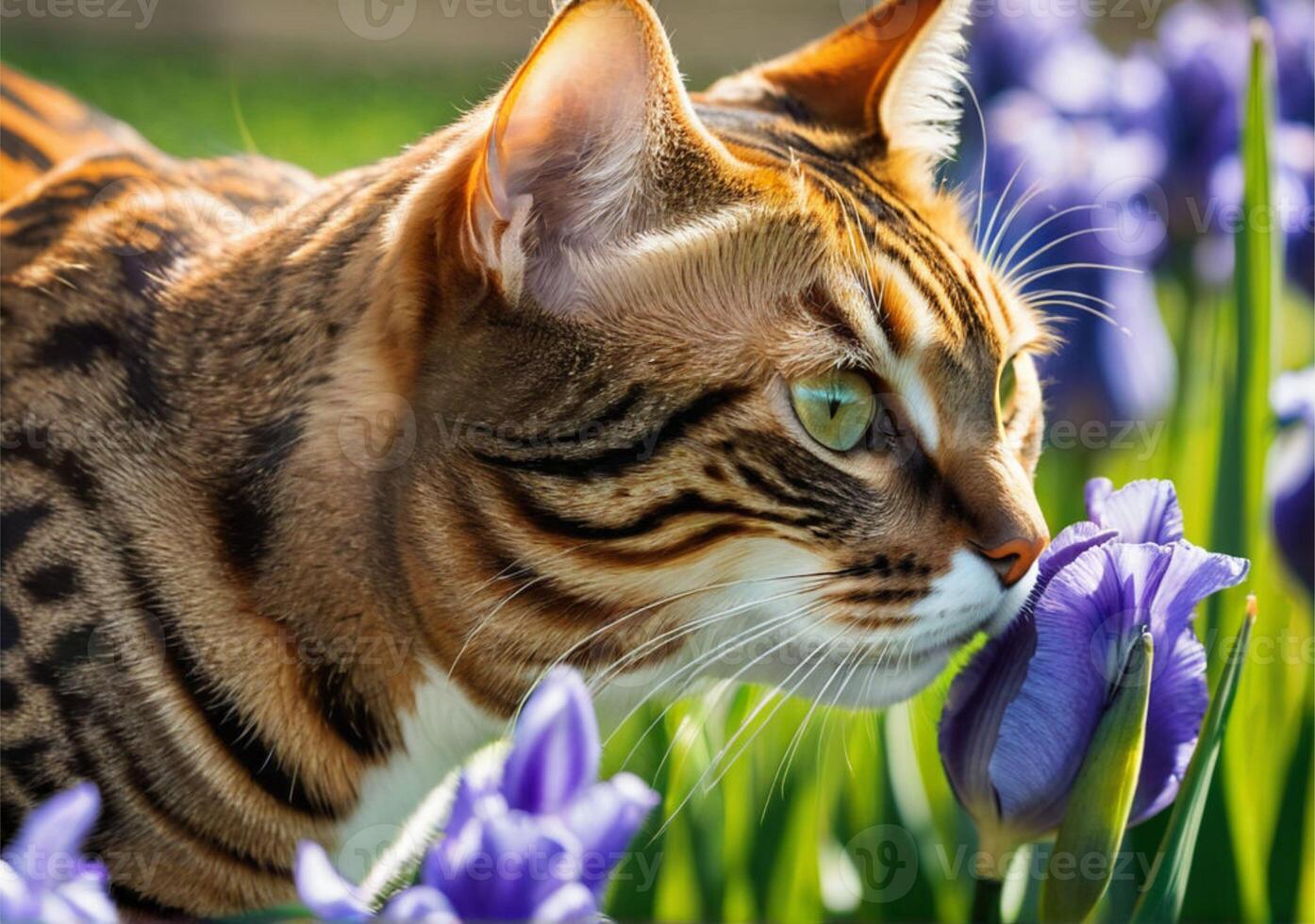 ai generato bellissimo Bengala gatto annusando iridi con piacere. un' chiaro, soleggiato giorno. caldo primavera tempo atmosferico. ritratto, avvicinamento. foto