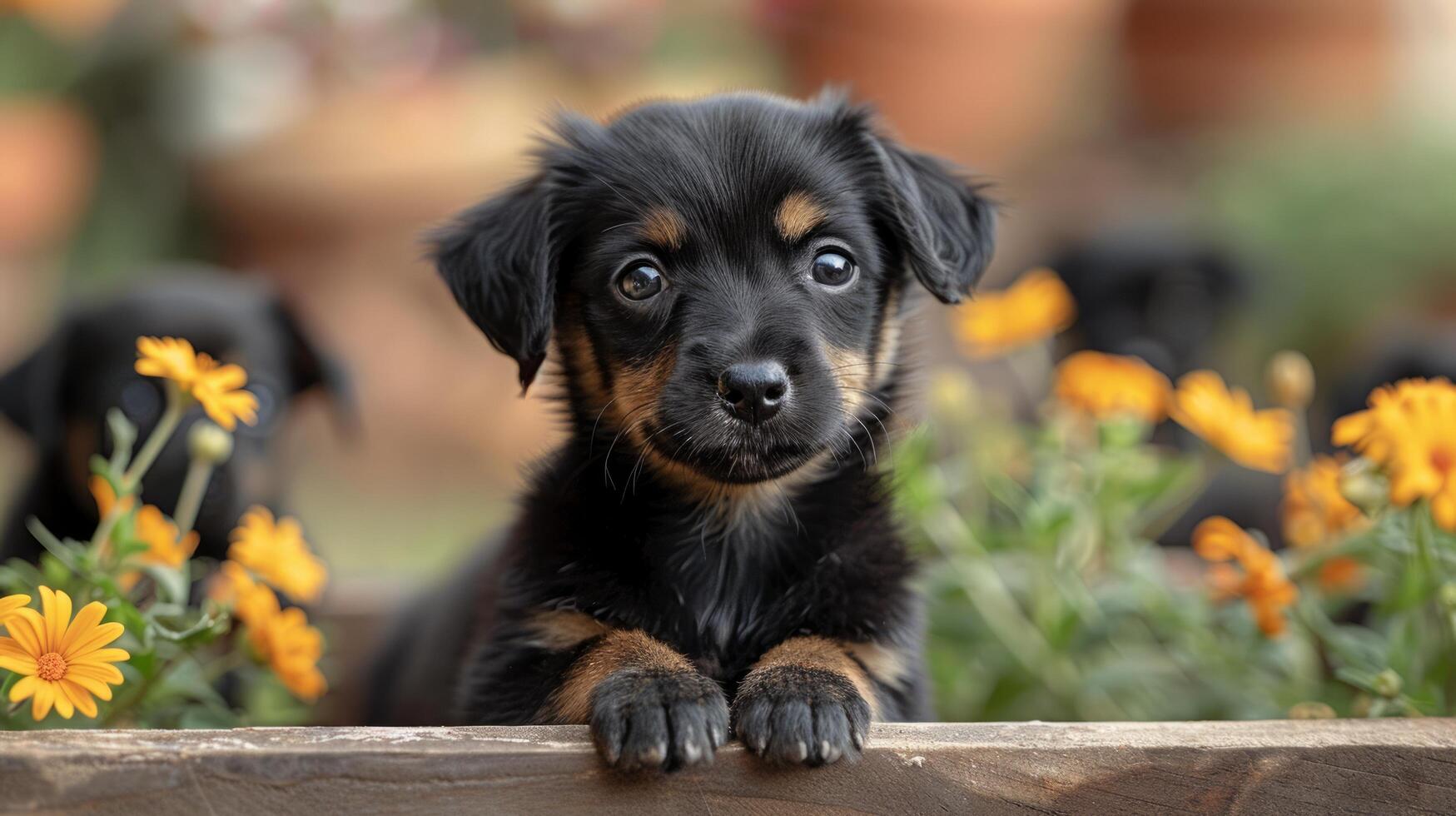 ai generato piccolo Marrone e nero cane posa nel campo di fiori foto