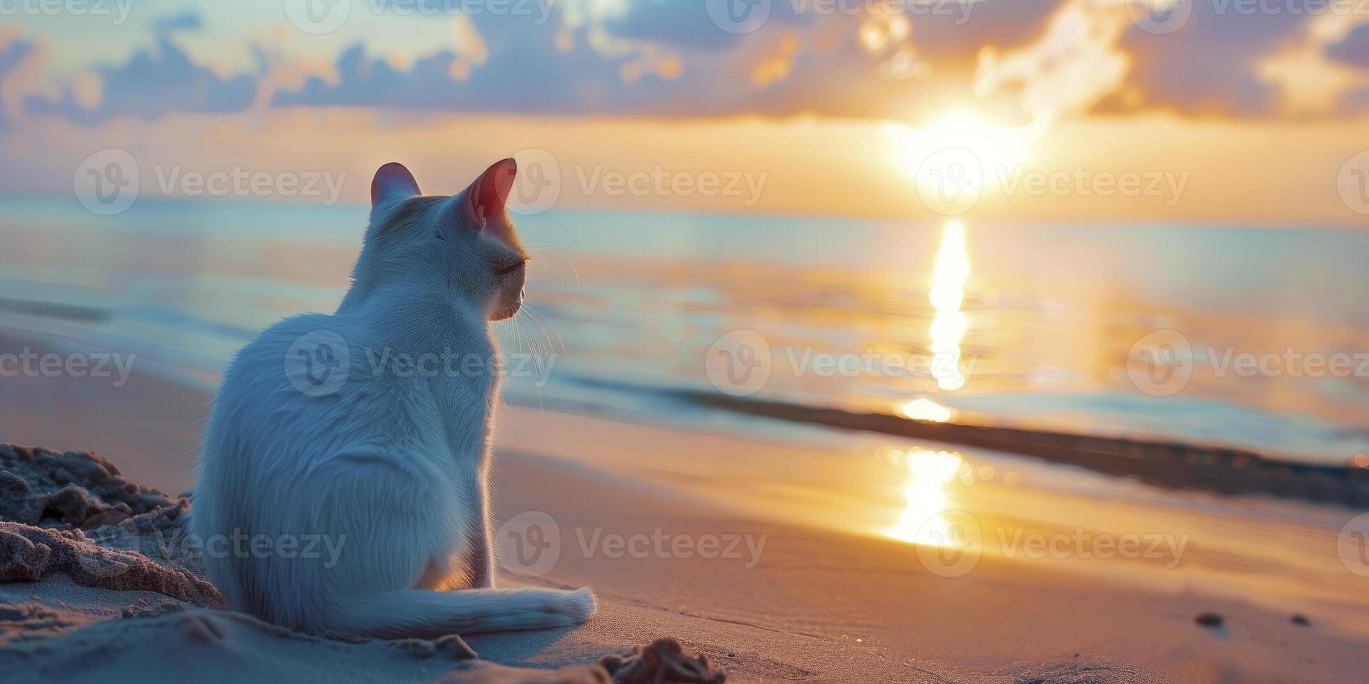 ai generato bianca gatto Guardando Alba su blu mare spiaggia foto