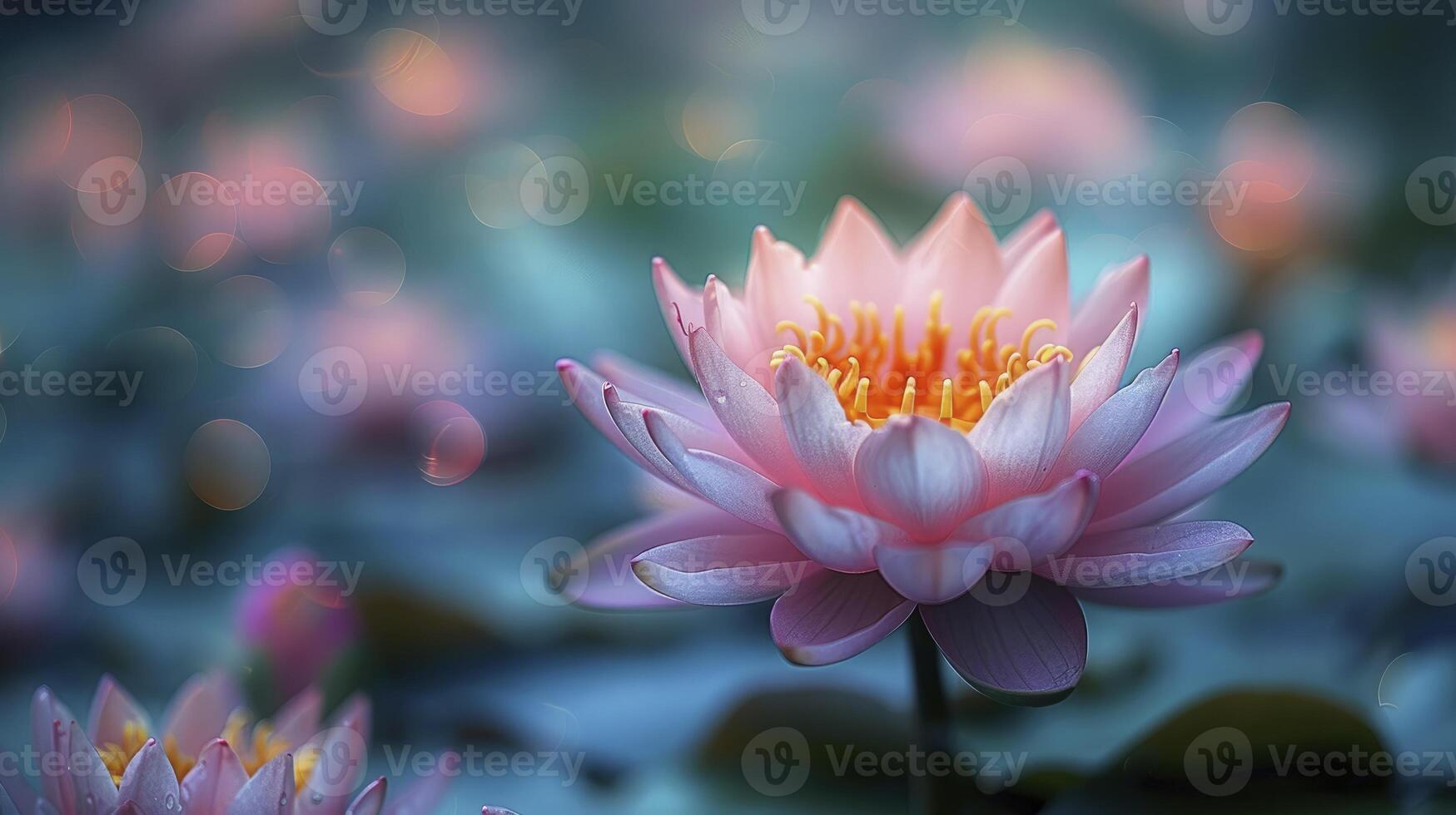 ai generato panoramico loto fiore nel pieno fioritura, vivace acqua giglio attrazione foto