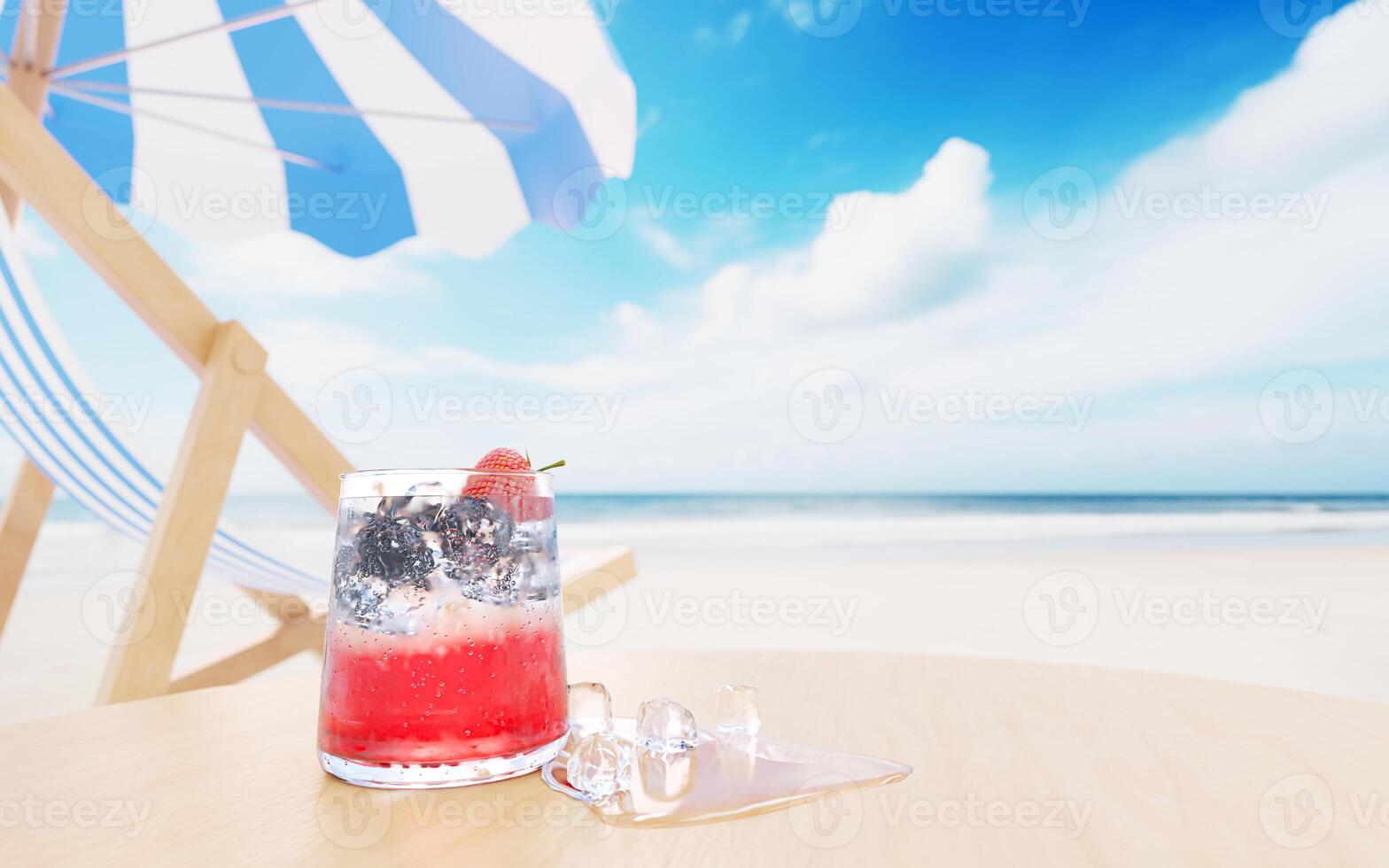 mocktail fragola bibita non mescolare alcol. freddo succo bevande con ghiaccio cubi. spiaggia sedie e spiaggia ombrelli su il sabbioso mare. 3d resa. foto