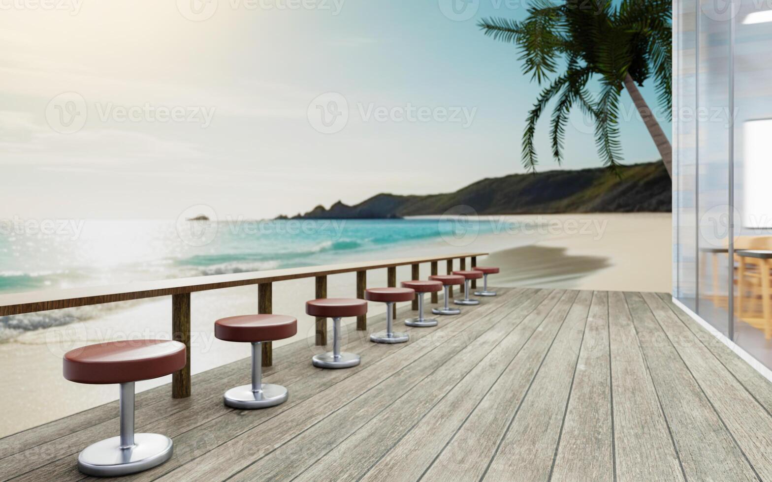 lungo tavolo, fatto di Di legno, su il ristorante terrazza, su il spiaggia, blu mare, sabbioso spiaggia, blu cielo, bianca nuvole, luminosa. posti a sedere di il spiaggia a partire dal il ristorante. 3d interpretazione foto