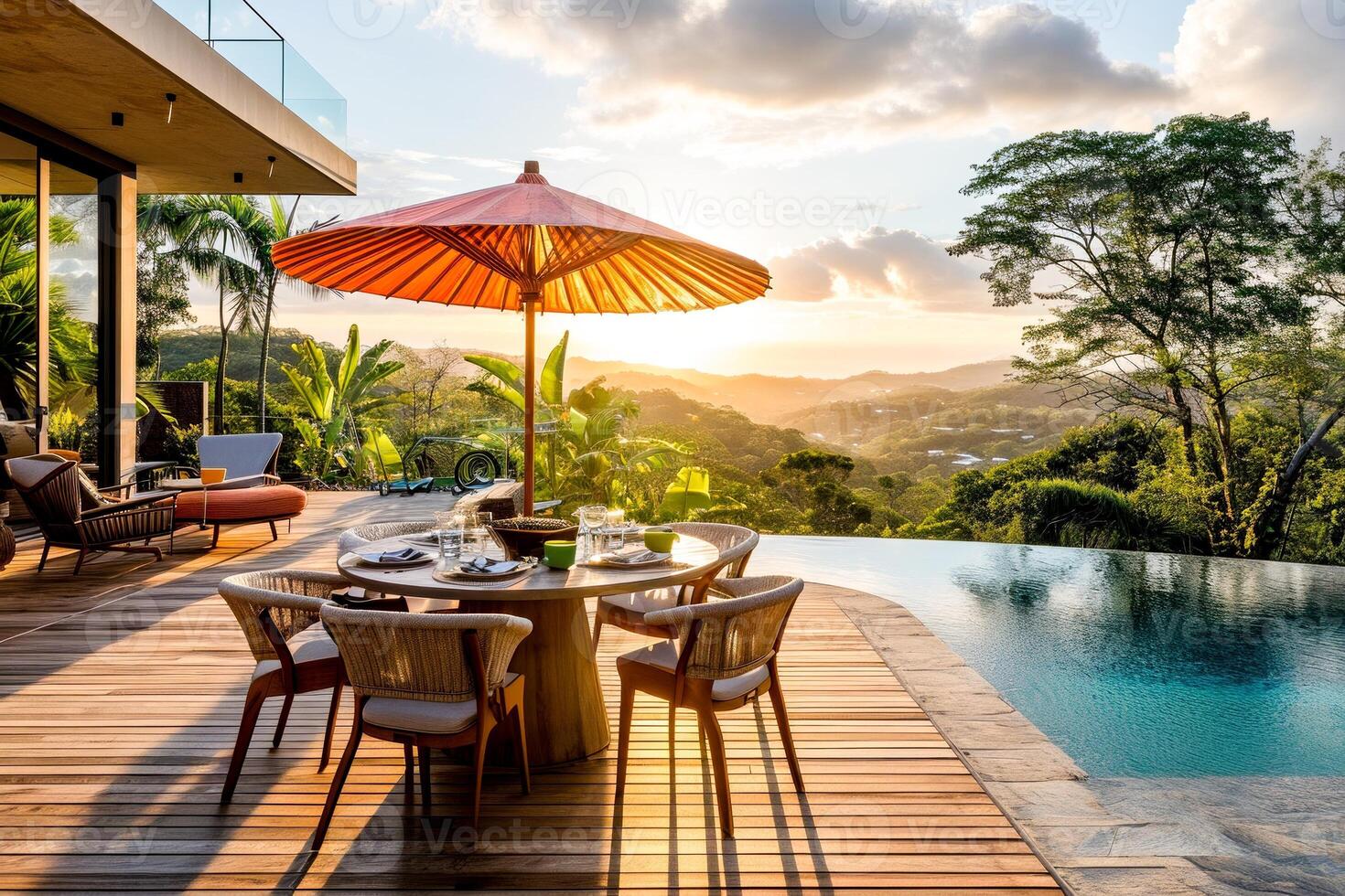 ai generato un' lussuoso bordo piscina cenare la zona con un' sbalorditivo tramonto Visualizza al di sopra di un' lussureggiante paesaggio. copia spazio foto