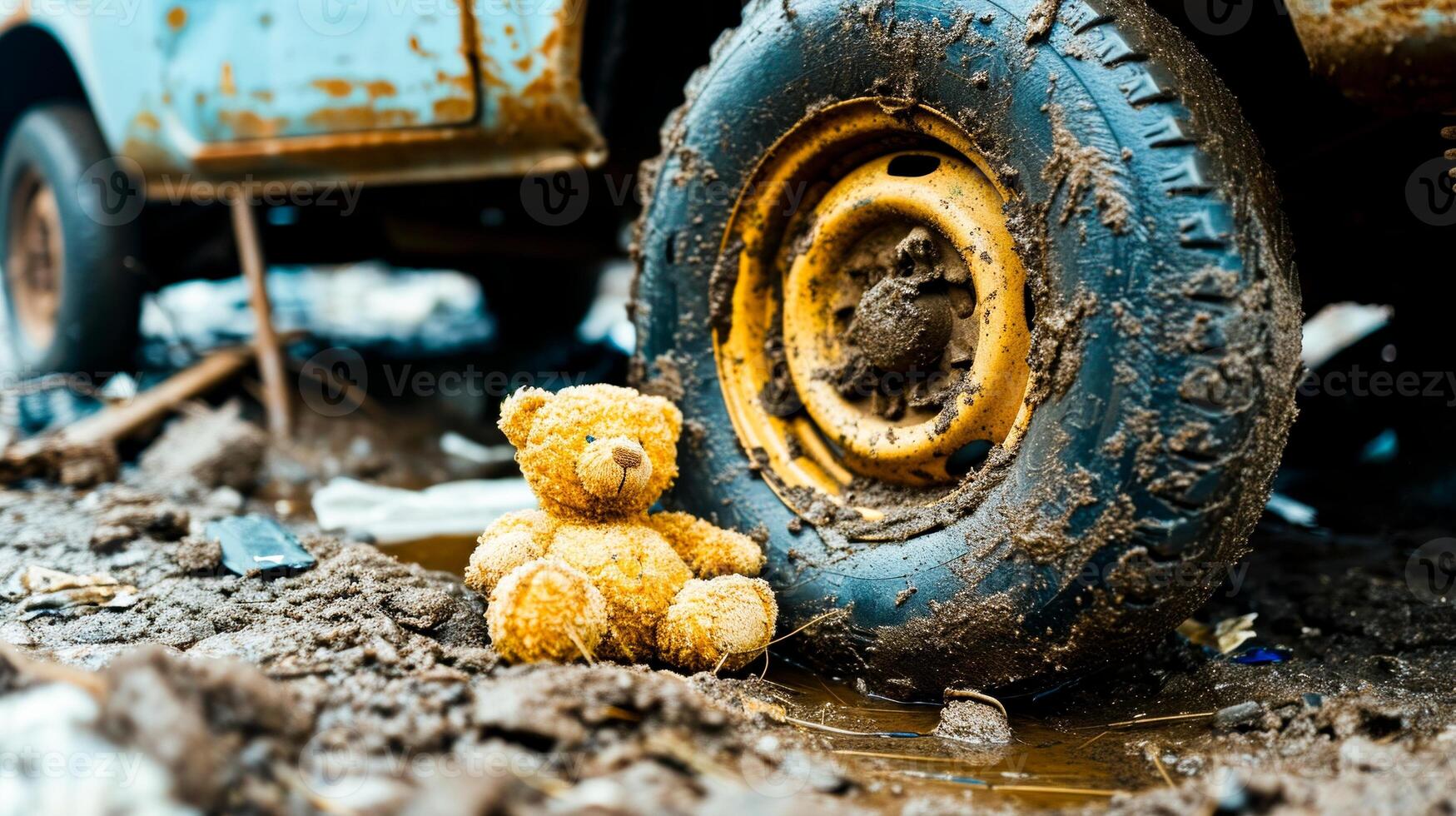 ai generato un' commovente scena con un' sporco felpa orso Il prossimo per un' pneumatico evoca un' senso di perdita e ignorare per strada sicurezza. foto
