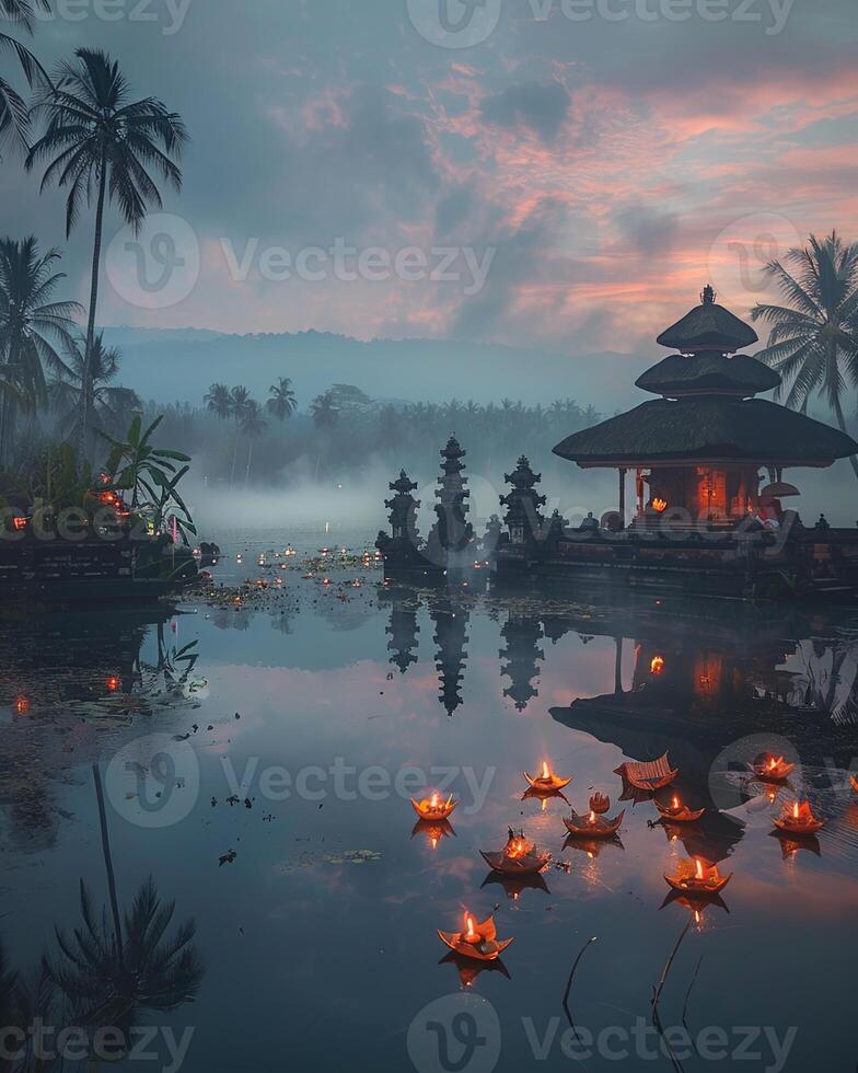 ai generato nyepi giorno di silenzio sfondo tempio a tramonto foto