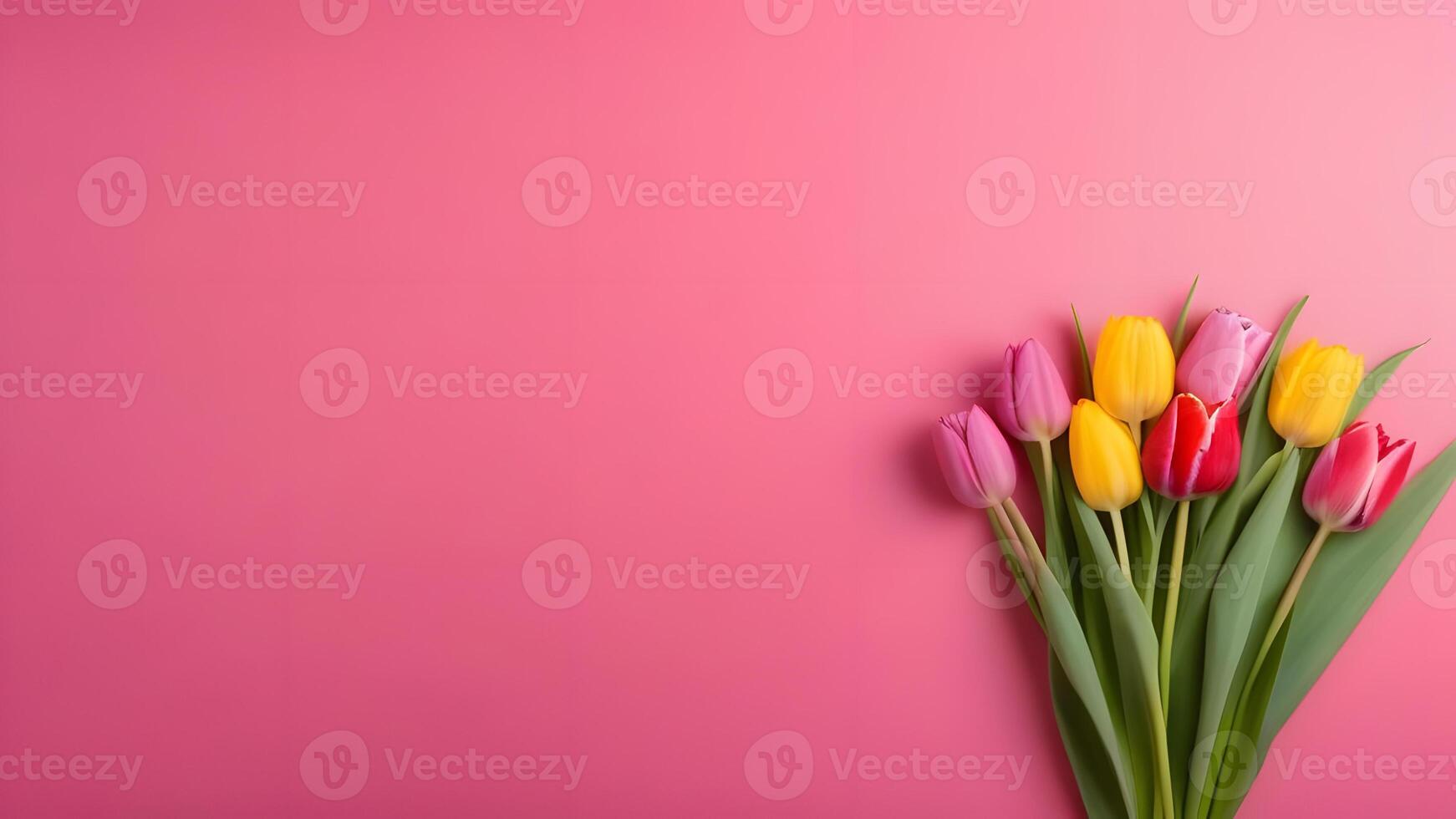 ai generato striscione, tulipani, fiori, marzo 8, rosa striscione, posto per testo, sfondo con fiori, bandiera foto