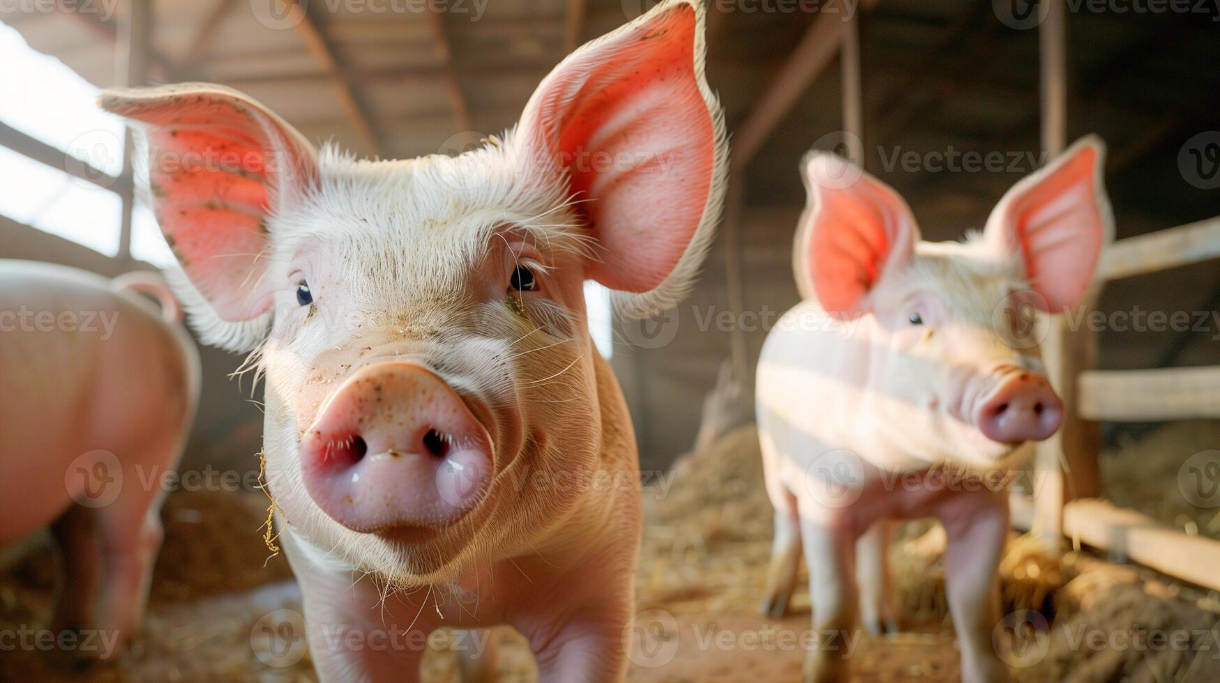 ai generato maiale gruppo animale nel commerciale azienda agricola. foto